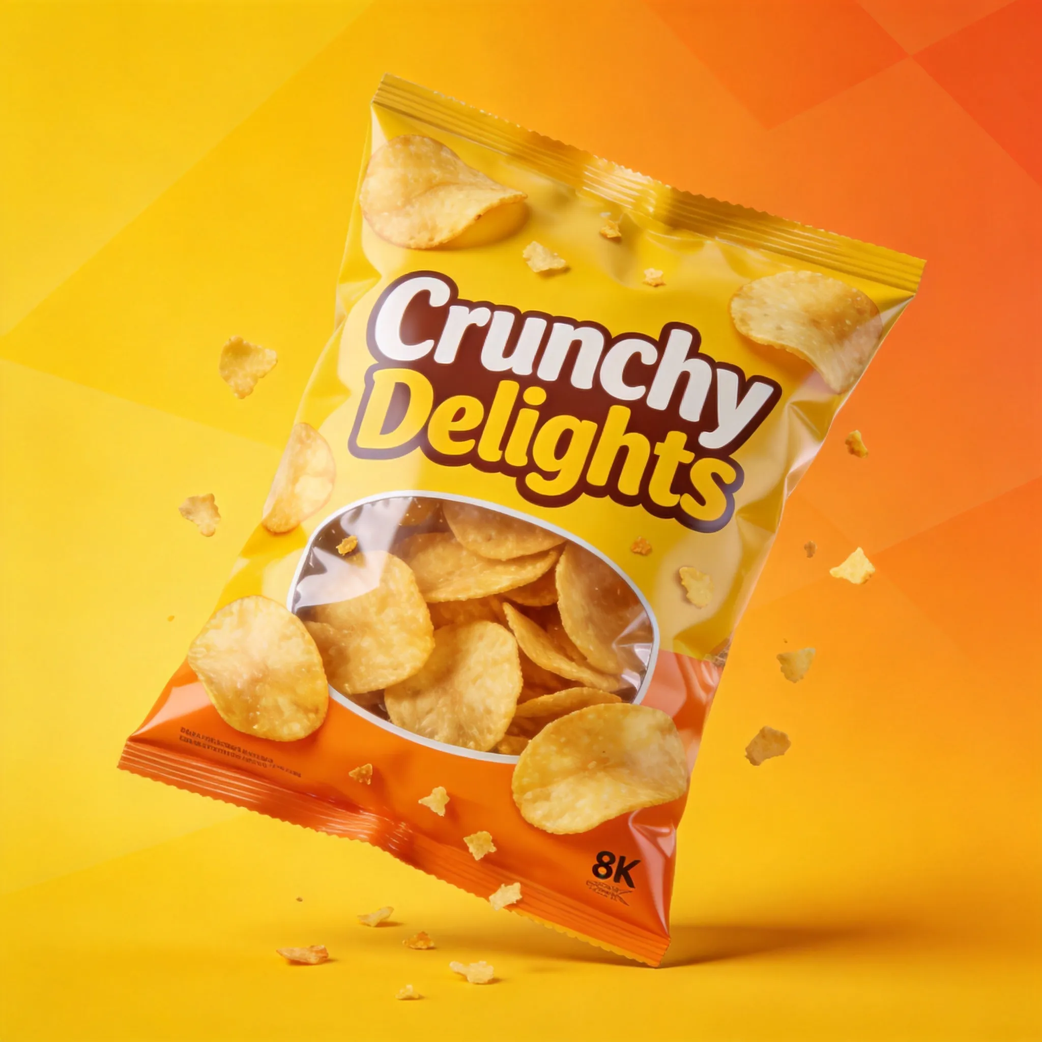 A colorful potato chips packaging design, eye-catching snack bag with crispy chips imagery, playful typography, vibrant yellow and orange palette, modern supermarket packaging aesthetic, glossy plastic texture, realistic food advertising design, dynamic composition, cheerful branding style, ultra detailed commercial mockup, high-resolution packaging visualization, 8K