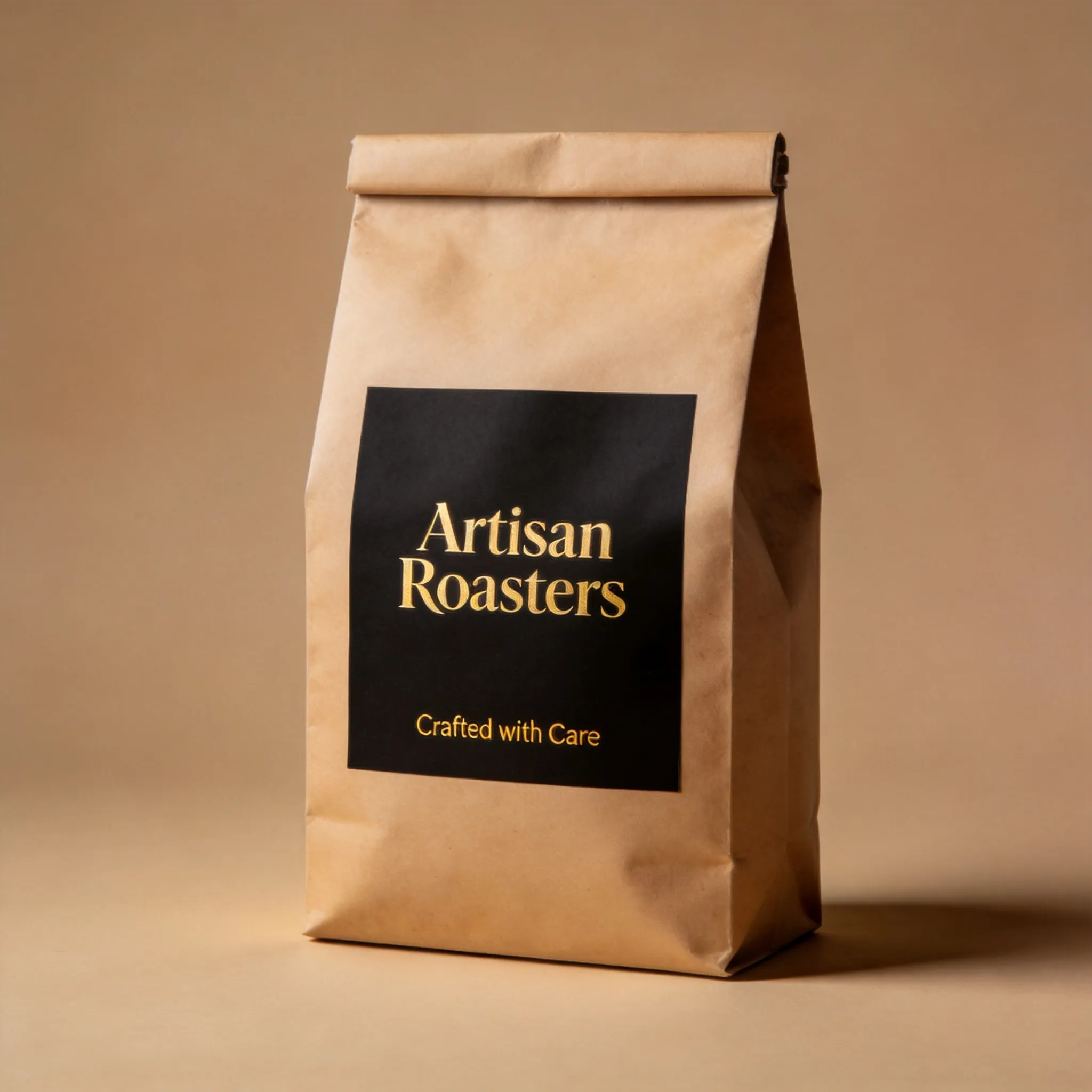 A premium coffee bean packaging design, matte kraft paper coffee bag with minimalist black label, artisan cafe branding aesthetic, warm earthy color palette, elegant typography, realistic paper textures, luxury specialty coffee packaging style, modern Scandinavian branding, studio product photography lighting, ultra detailed mockup, high-end packaging visualization, 8K