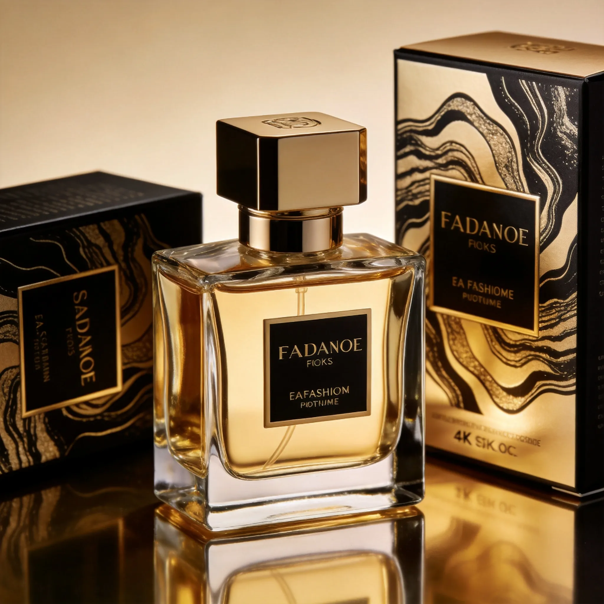 A luxury perfume packaging design, elegant glass perfume bottle with artistic box packaging, crystal reflections, premium fashion branding style, gold and black color palette, cinematic studio lighting, sophisticated typography, high-fashion commercial aesthetic, realistic glass and metallic textures, ultra detailed cosmetic packaging mockup, luxury department store presentation, 8K