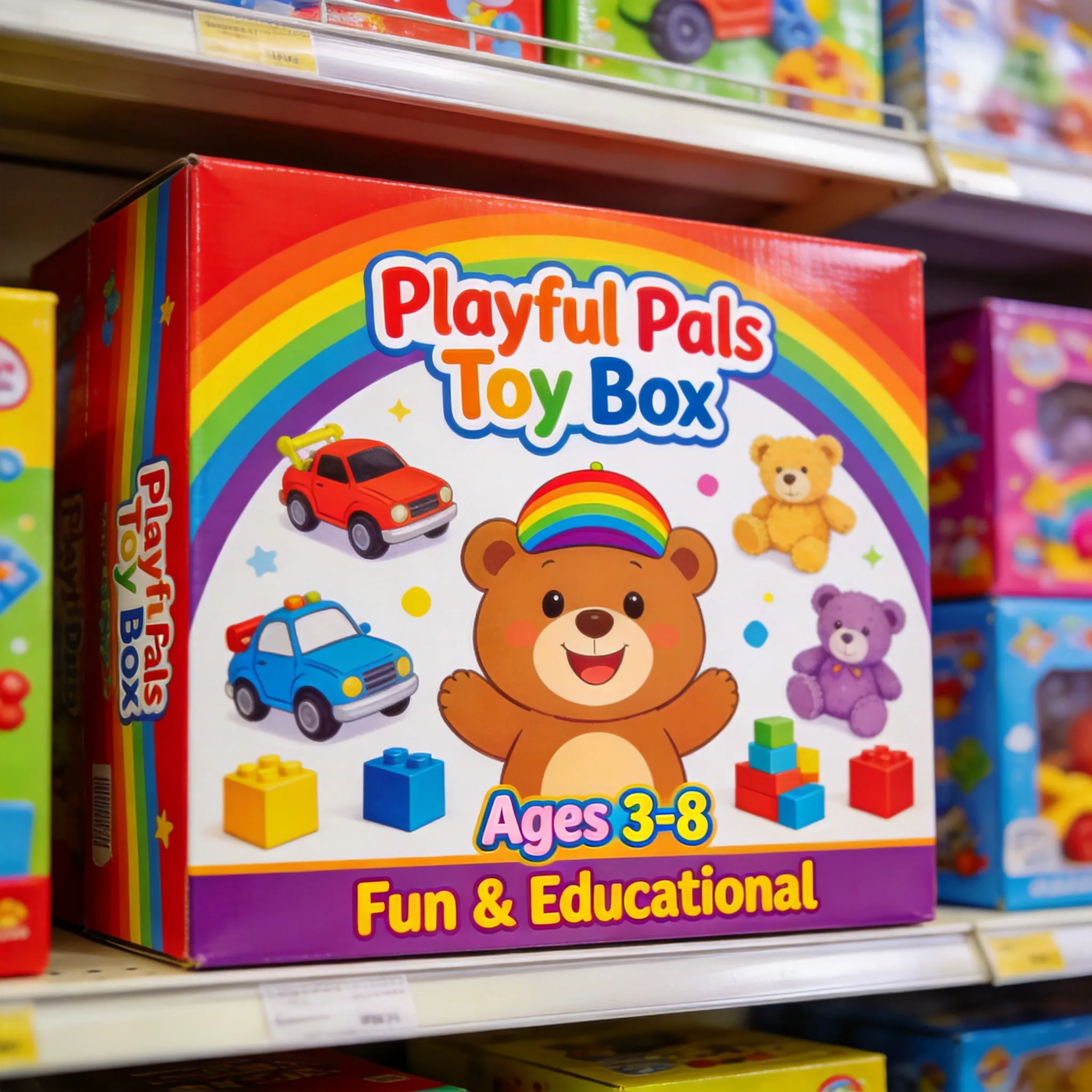 A vibrant children's toy packaging design, colorful cartoon graphics, playful typography, bright rainbow color palette, cheerful mascot illustrations, realistic toy box mockup, glossy retail packaging texture, fun and energetic branding style, supermarket shelf presentation aesthetic, ultra detailed commercial packaging visualization, kid-friendly design, 8K