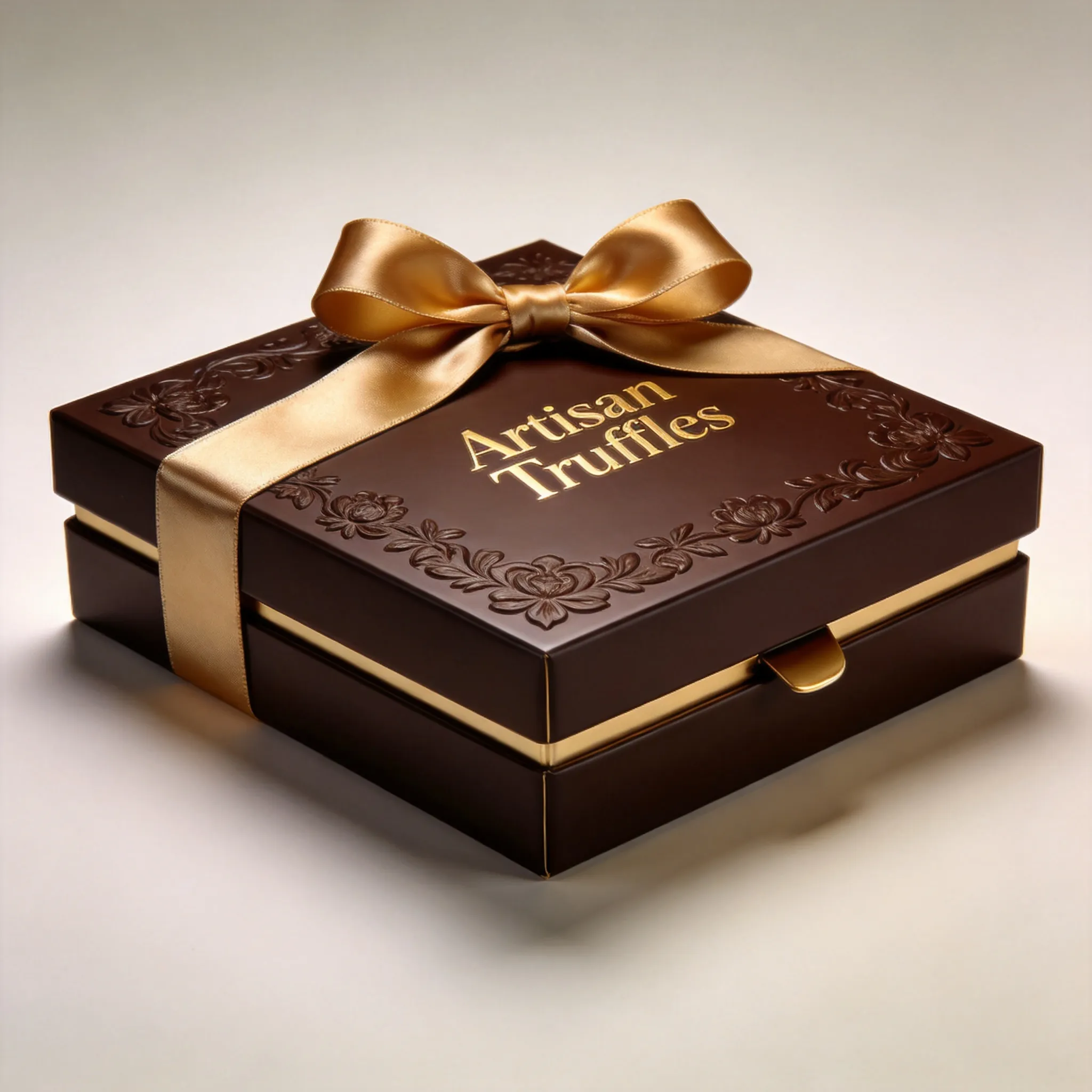 A luxury chocolate gift box packaging design, elegant dark brown and gold color palette, premium confectionery branding, realistic ribbon and embossed textures, sophisticated typography, gourmet dessert presentation aesthetic, cinematic studio lighting, realistic packaging materials, ultra detailed luxury gift packaging mockup, Valentine's Day commercial style, 8K