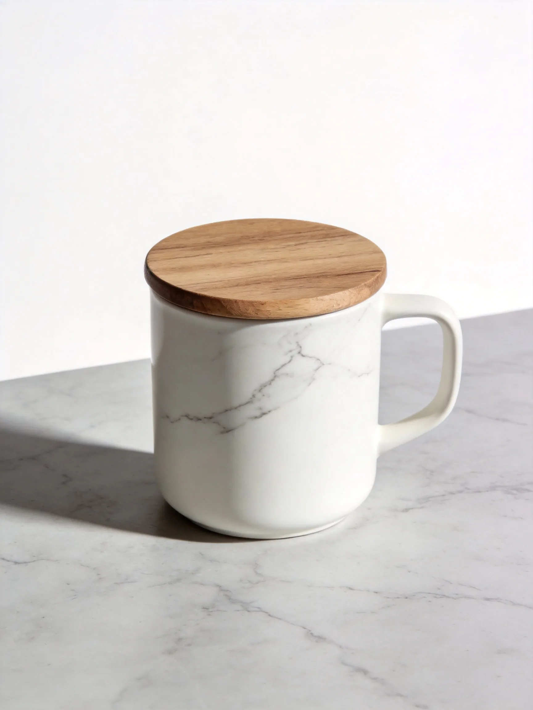 A clean, high-resolution product shot of a white ceramic coffee mug with a minimalist wooden lid, placed on a light gray marble surface, soft natural lighting from the left side, subtle shadows, studio photography style, pure white background.