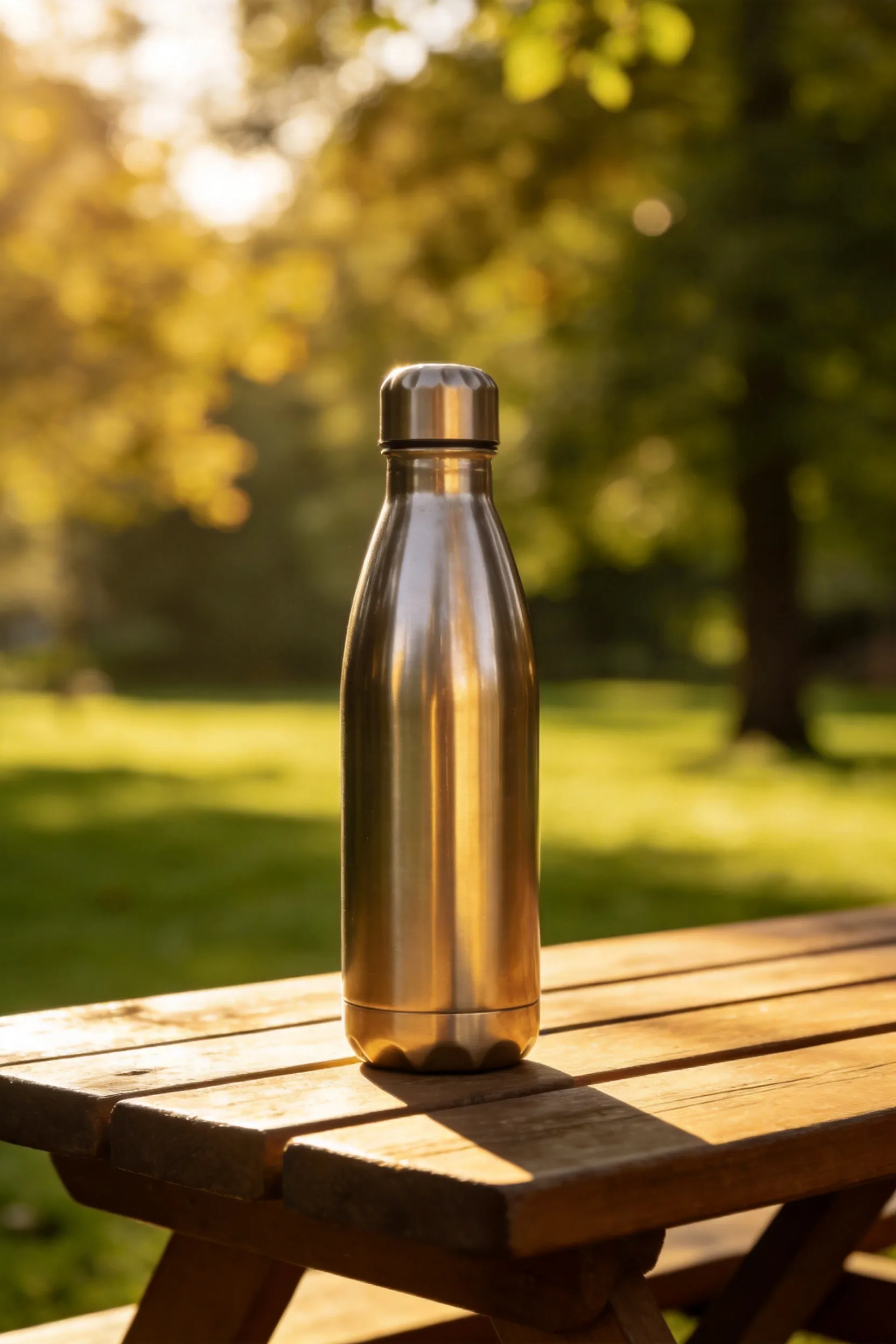 A modern stainless steel water bottle standing on a sunlit wooden picnic table in a green park, with a blurred natural background of trees and soft sunlight filtering through leaves, warm tones, realistic rendering, commercial product photography.