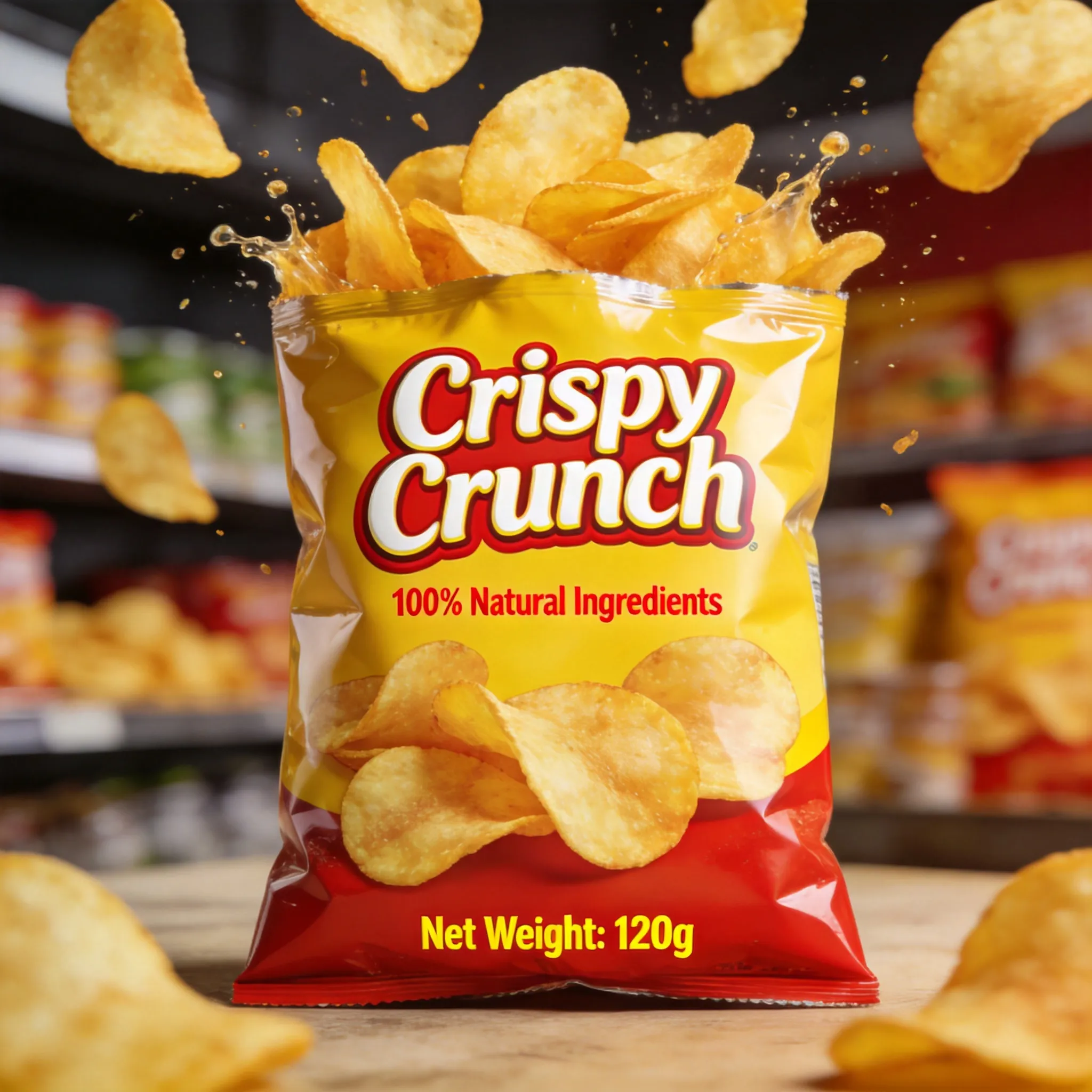 A vibrant potato chips packaging design, crispy golden chips bursting out of the bag, bold snack branding, playful typography, bright yellow and red color palette, glossy plastic packaging texture, realistic food photography elements, dynamic splash effects, supermarket retail packaging aesthetic, modern commercial snack design, ultra detailed product mockup, appetizing lighting, 8K