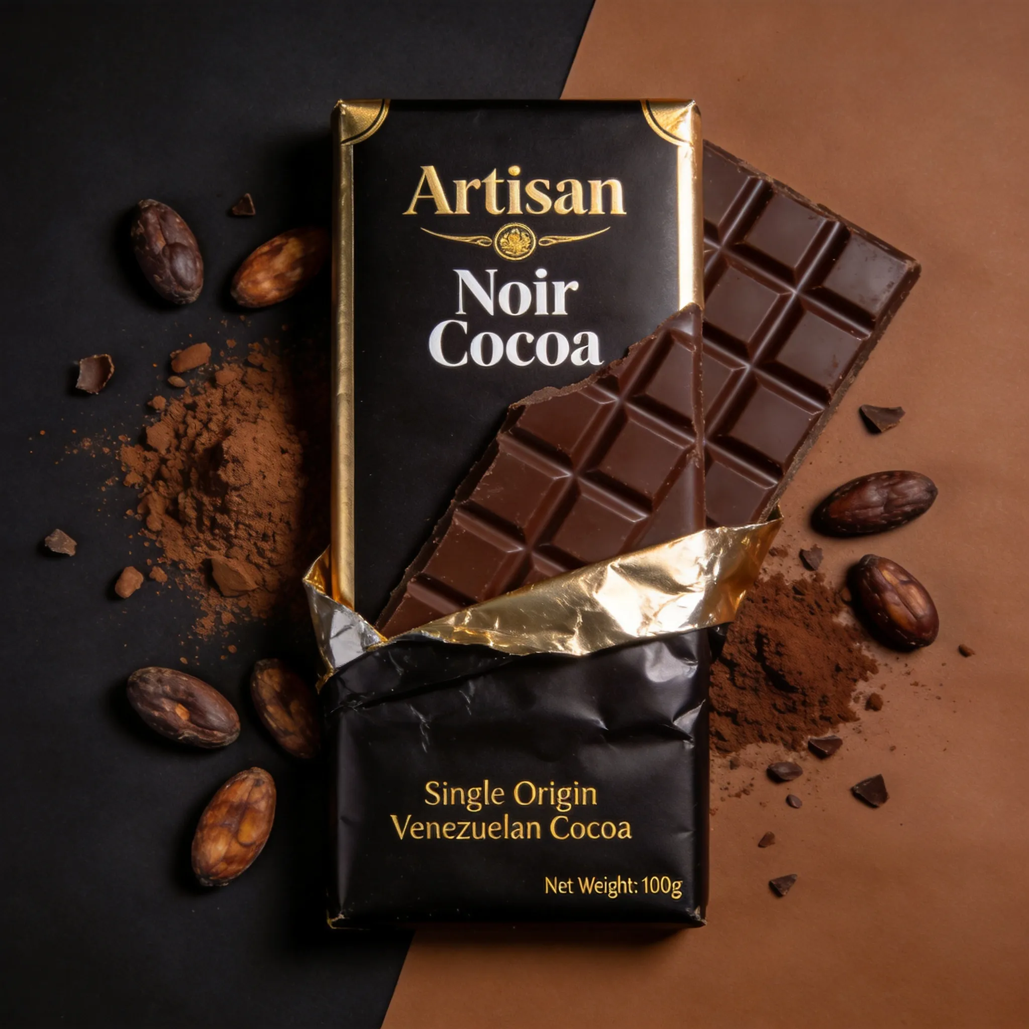 A luxury chocolate packaging design, elegant dark chocolate bar partially unwrapped, premium gold foil accents, rich cocoa imagery, sophisticated typography, matte black and brown packaging, gourmet dessert branding aesthetic, realistic packaging textures, cinematic studio lighting, ultra detailed confectionery mockup, luxury food advertising style, 8K