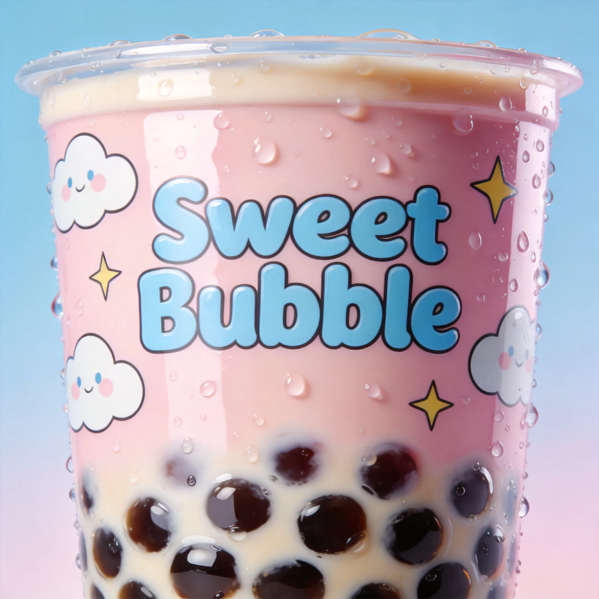 A trendy bubble tea packaging design, modern milk tea cup with tapioca pearls visible, pastel color palette, youthful branding style, cute illustrations and playful typography, glossy cup material, Instagram-friendly aesthetic, Asian beverage packaging trend, vibrant commercial design, realistic drink condensation, ultra detailed product visualization, 8K
