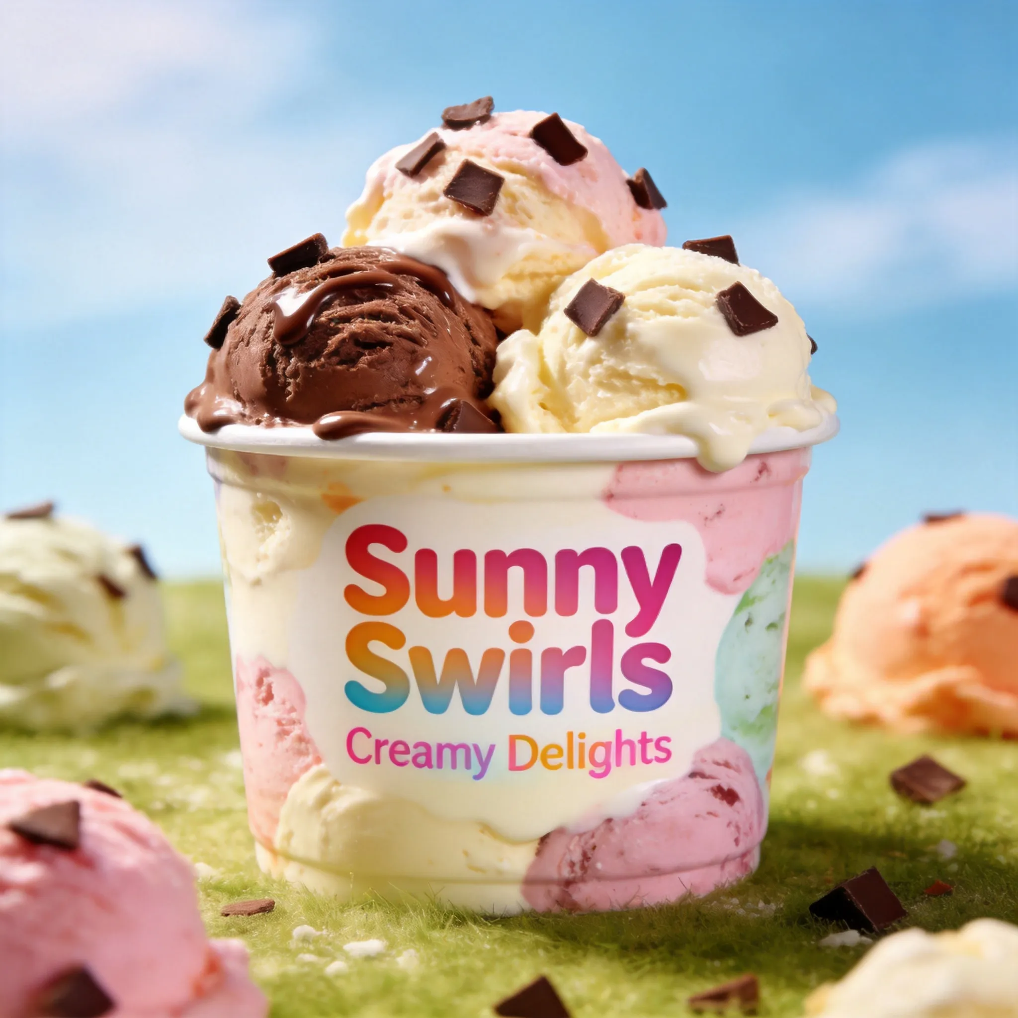 A premium ice cream packaging design, colorful ice cream tub with creamy scoops and chocolate toppings, refreshing summer atmosphere, bright pastel palette, playful dessert branding, realistic frozen texture details, glossy packaging material, modern supermarket packaging style, appetizing food photography aesthetic, ultra detailed commercial mockup, 8K