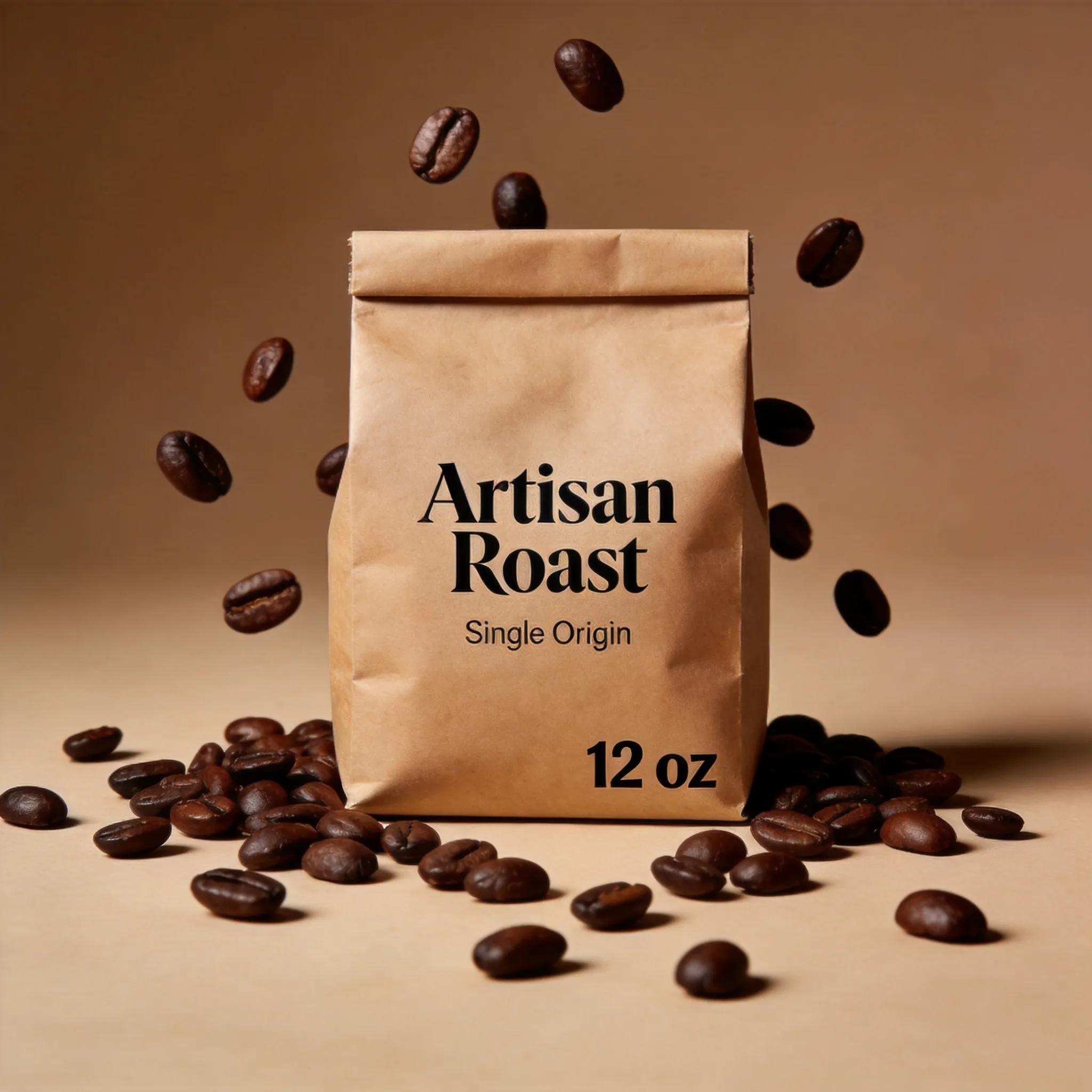 A specialty coffee bean packaging design, matte kraft paper coffee bag with elegant minimalist branding, roasted coffee beans scattered around, artisan cafe aesthetic, earthy brown and black tones, realistic paper textures, premium typography layout, luxury coffee branding style, cinematic studio lighting, ultra detailed product mockup, Scandinavian packaging design influence, 8K