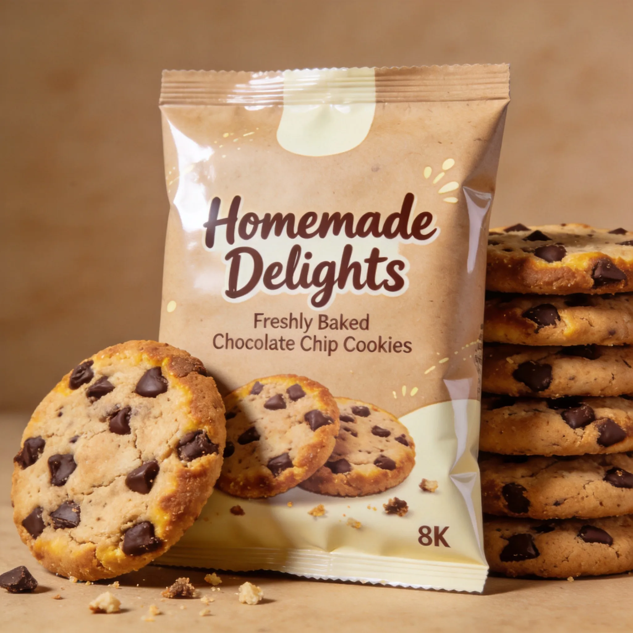 A delicious cookie packaging design, realistic chocolate chip cookies stacked beside the package, warm bakery atmosphere, cozy homemade branding style, kraft paper and cream color palette, playful typography, glossy snack packaging texture, realistic crumbs and chocolate details, supermarket-ready packaging aesthetic, ultra detailed commercial food mockup, 8K