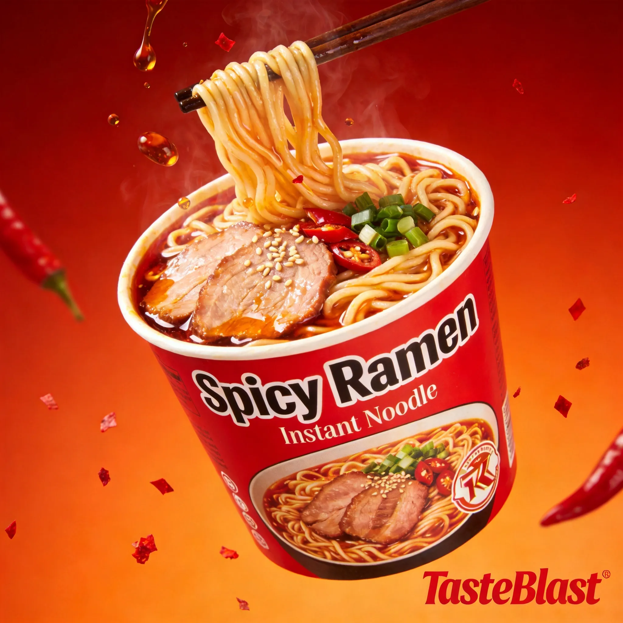 A bold instant noodle packaging design, steaming ramen noodles with rich toppings displayed dramatically, spicy flavor visual effects, vibrant red and orange colors, Asian food branding aesthetic, glossy packaging texture, dynamic food photography composition, modern supermarket instant food packaging style, realistic ingredient details, ultra detailed commercial packaging mockup, 8K