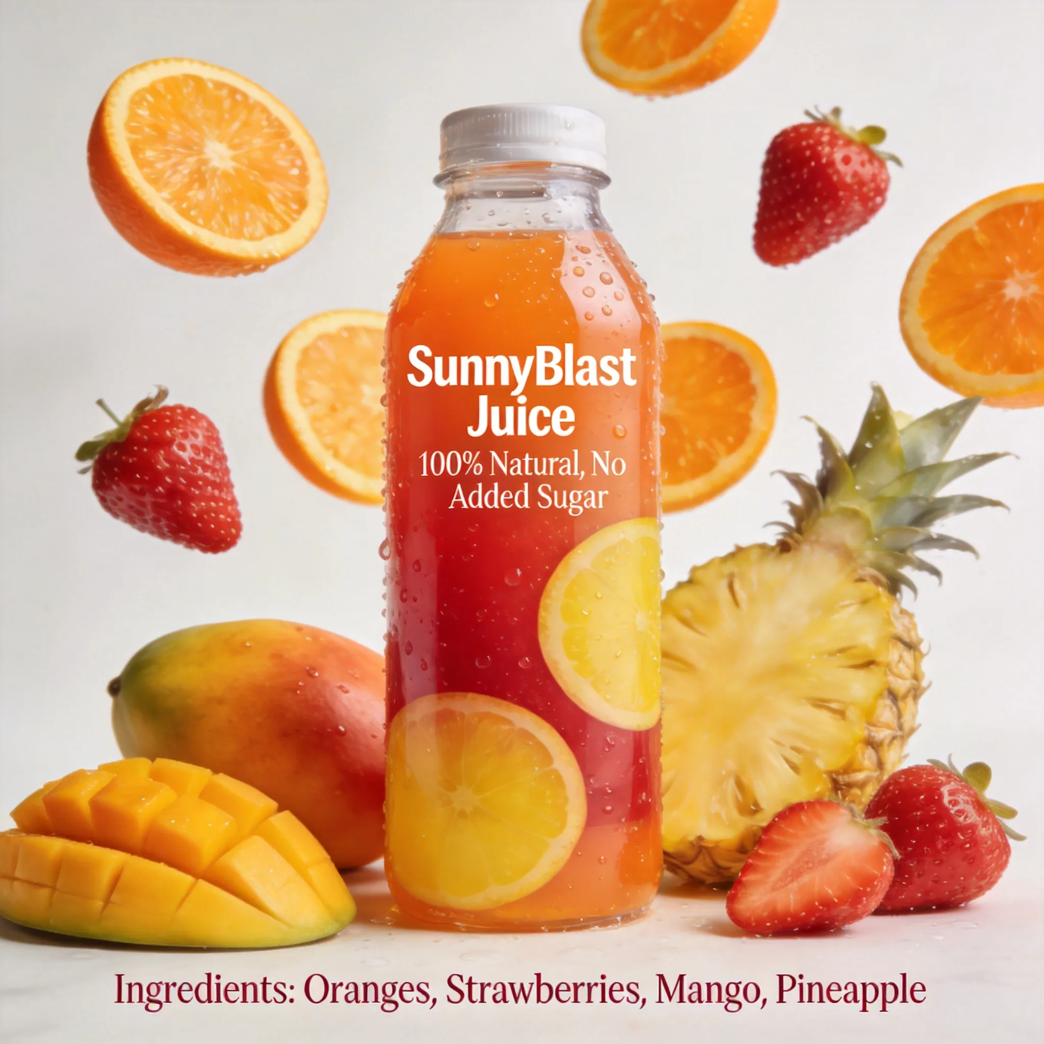 A fresh fruit juice packaging design, transparent juice bottle surrounded by sliced oranges, strawberries, and tropical fruits, vibrant natural colors, healthy lifestyle branding aesthetic, clean modern typography, realistic condensation droplets, glossy beverage packaging texture, refreshing commercial advertising atmosphere, ultra detailed product mockup, premium supermarket presentation, 8K