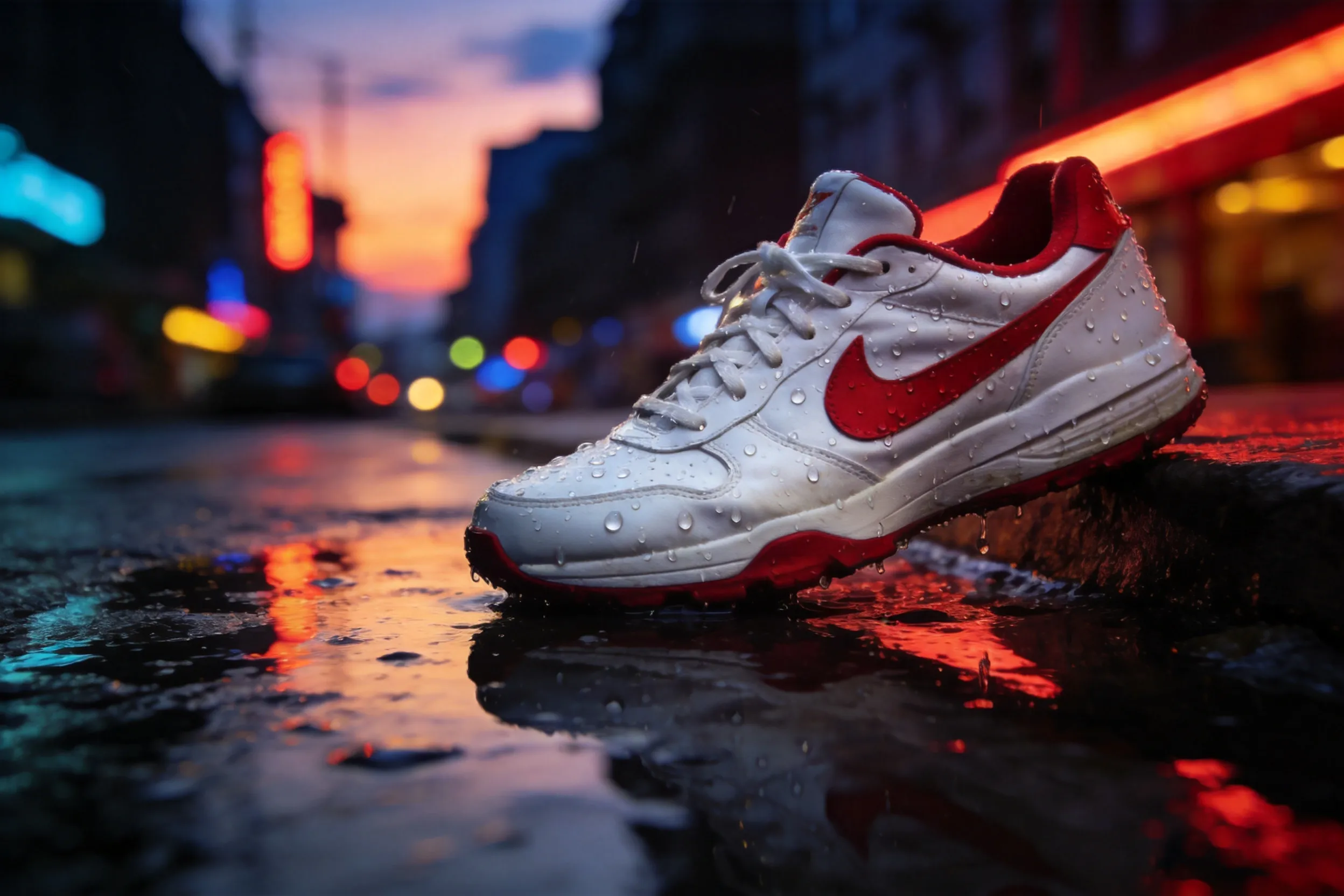 A white and red athletic sneaker photographed on wet city pavement at dusk, neon reflections, dramatic shadows, cinematic lighting, high detail, 4K.