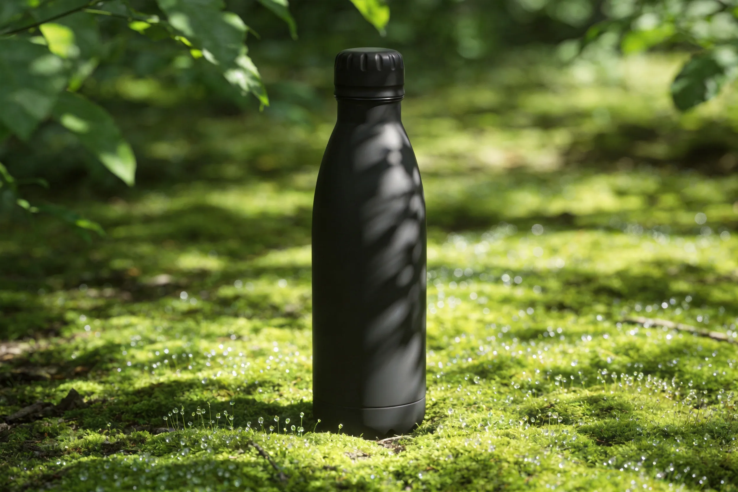 A matte black reusable water bottle standing on mossy forest floor, dappled sunlight filtering through leaves, fresh green tones, sharp focus, commercial product shot.