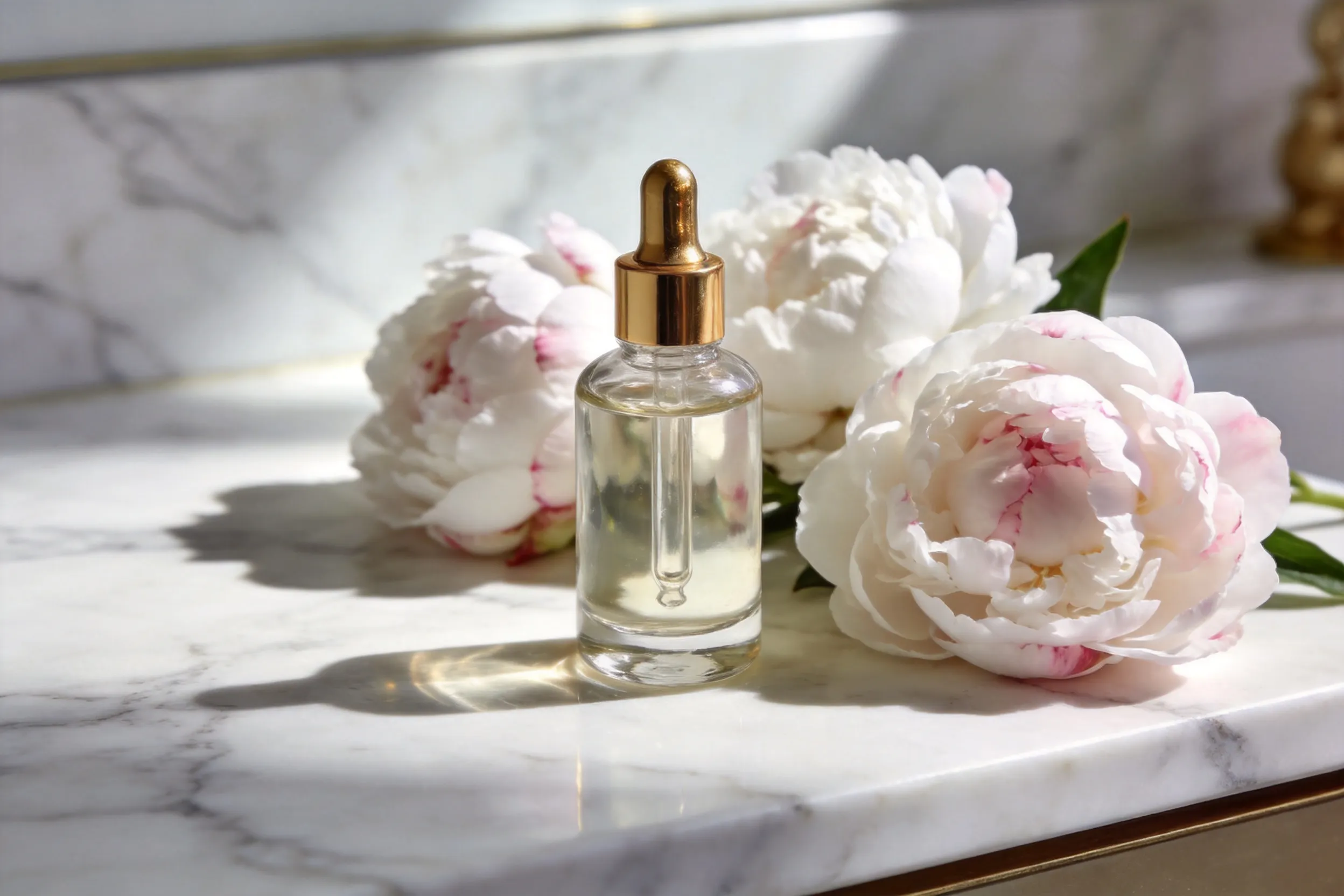 A glass bottle of face serum with gold dropper, placed next to white peonies on a marble vanity, soft morning light, elegant and airy style, photorealistic, 8K.