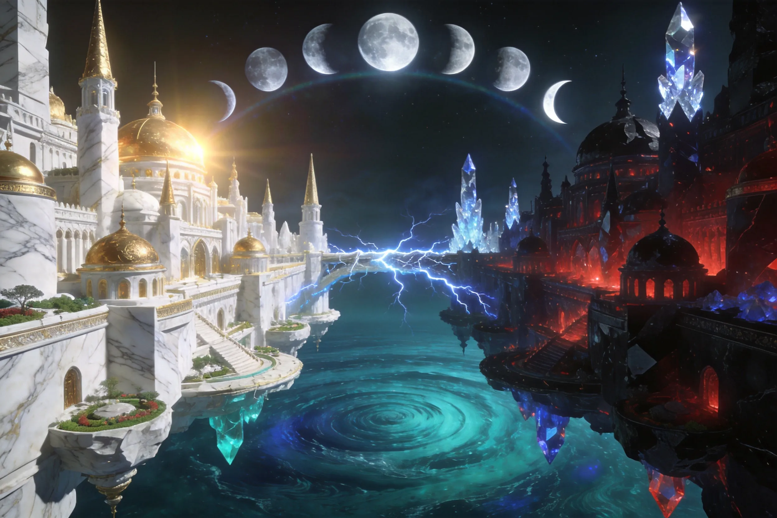 Two identical floating cities, one built of white marble and gold (day side), its exact mirror image built of obsidian and crimson crystal (night side), connected by a single bridge of solidified lightning in the center. Above, a halo of seven moons; below, an endless spiral ocean. Surreal architecture, epic scale, dramatic contrast, fantasy concept art, trending on ArtStation.