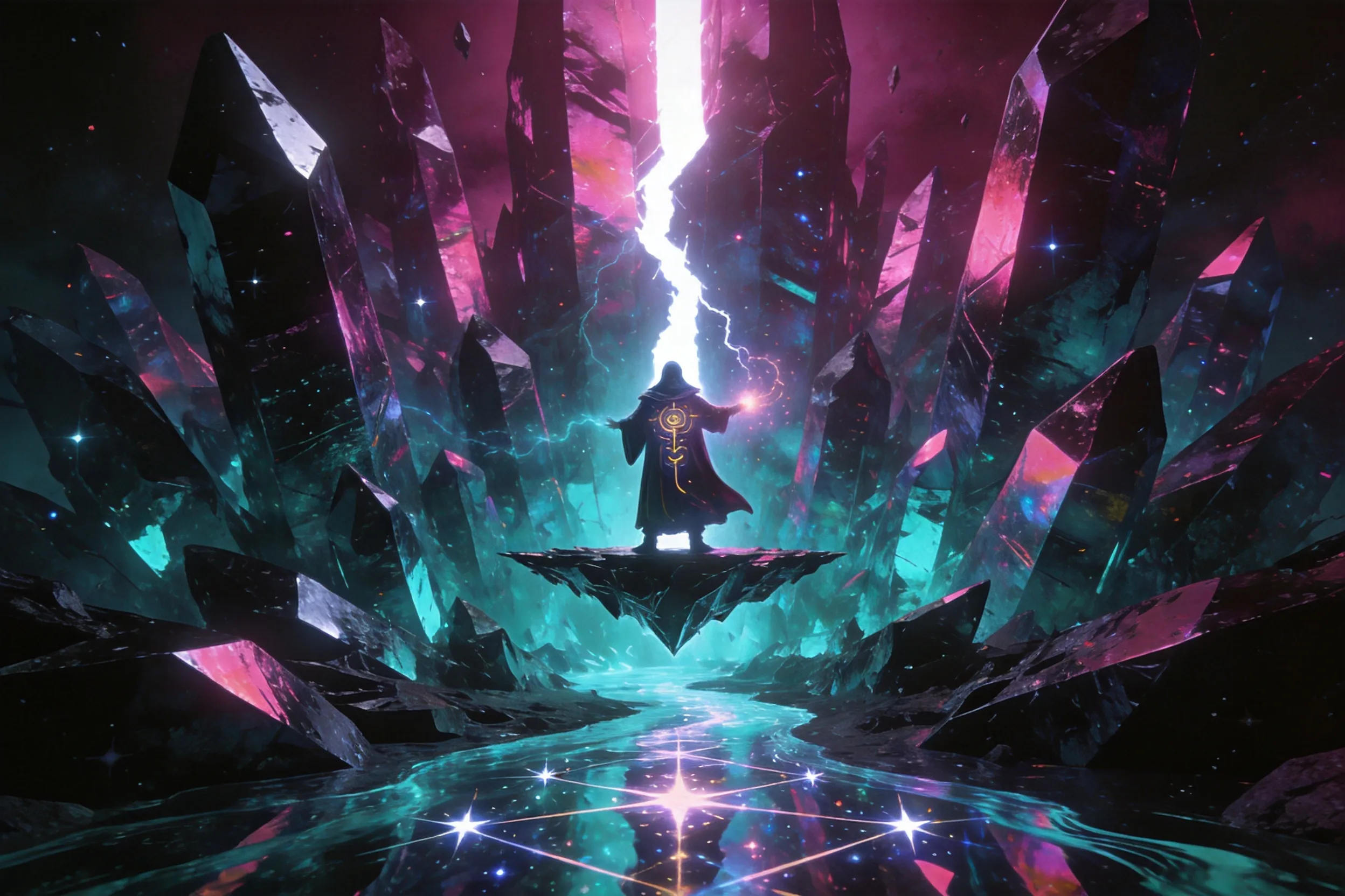 A lone sorcerer standing on a shard of floating obsidian deep inside a crystalline abyss. Gigantic jagged crystals in neon magenta and cyan emit both light and shadow simultaneously. A river of liquid starlight flows beneath, reflecting impossible geometry. The sorcerer casts a spell that splits reality, creating a crack of white light through the dark. Psychedelic fantasy, dark fantasy mixed with high magic, octane render, vivid colors, ultra-detailed.