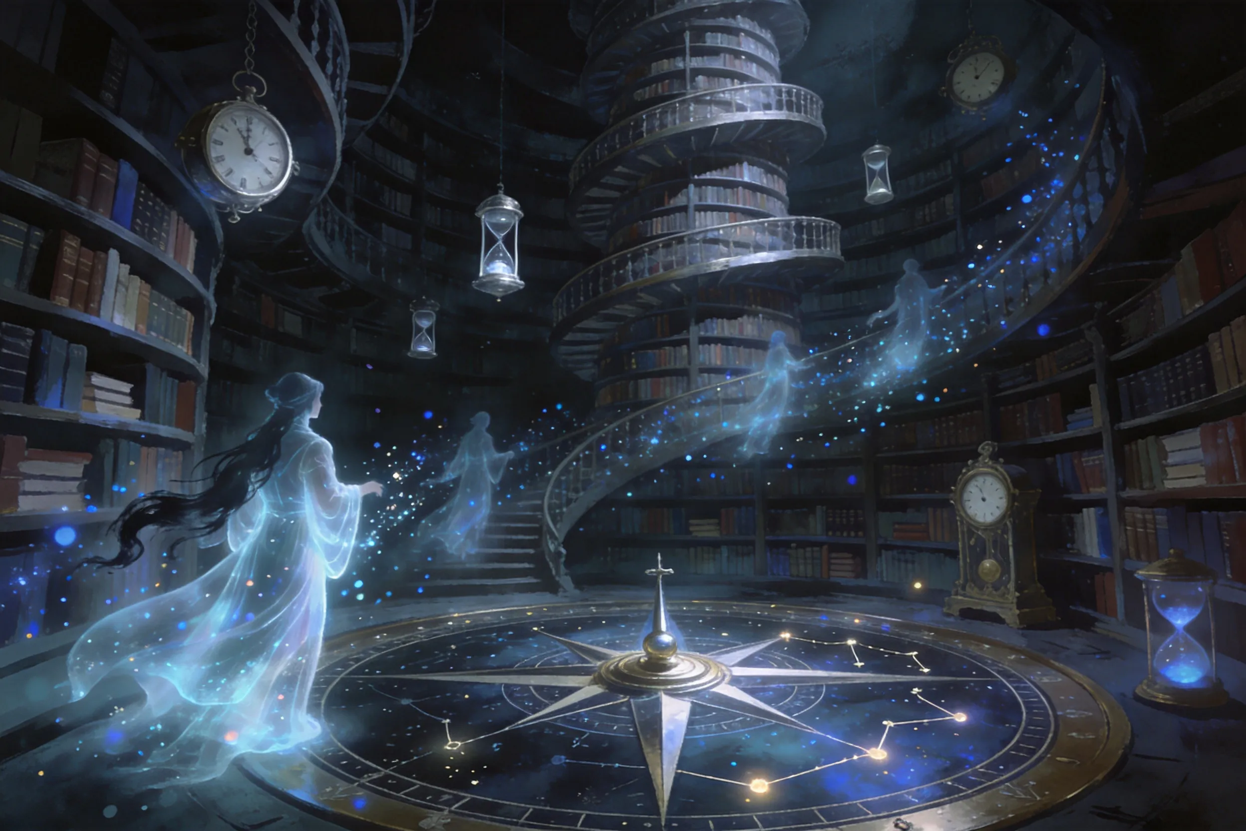 A vast mystical library where floating clocks and hourglasses drift among towering bookshelves that spiral into infinite darkness. The floor is a giant celestial compass, and spectral librarians made of living ink and light glide between the shelves. Time-themed magic particles in silver and sapphire blue. Whimsical yet eerie, digital painting, intricate details, soft volumetric lighting, sharp focus.