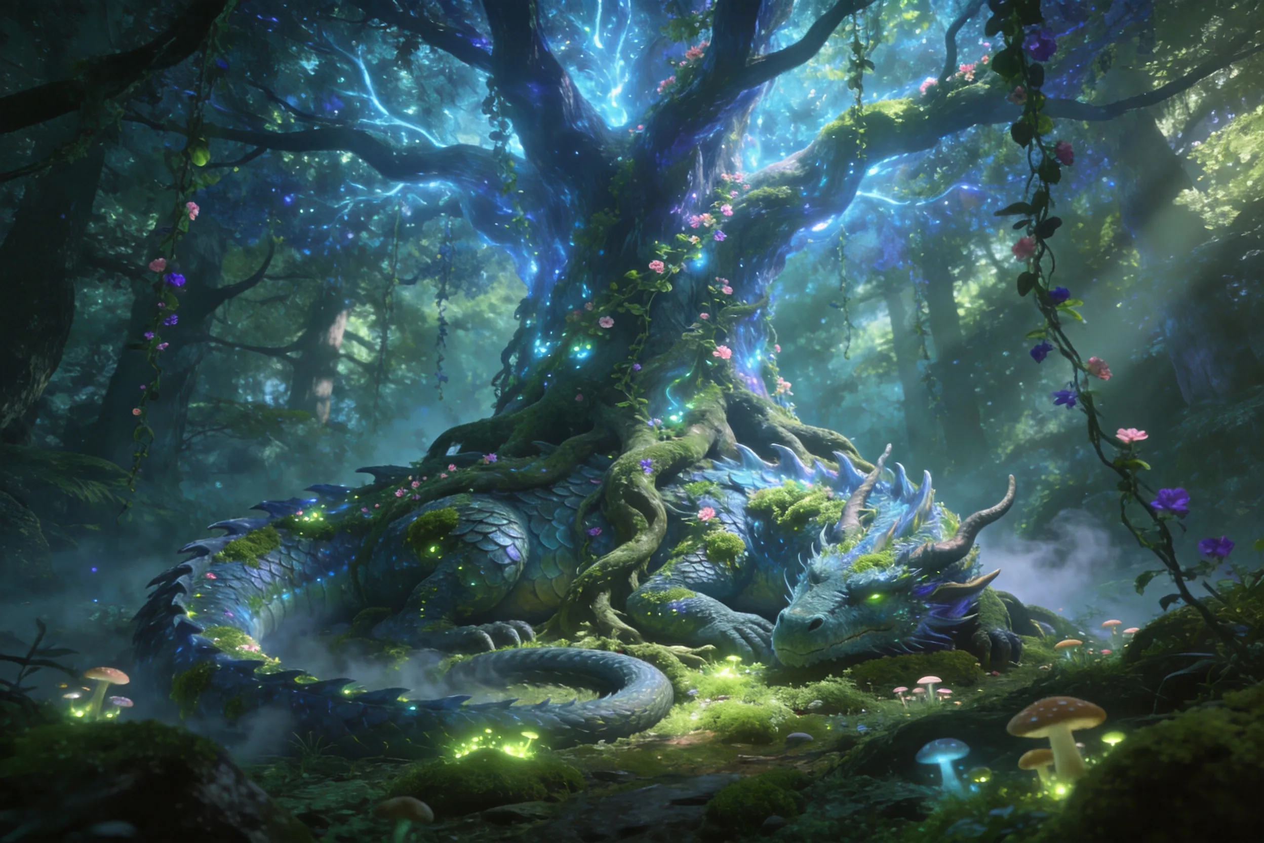 An ancient, colossal dragon sleeping beneath the roots of a giant glowing magical tree, its scales overgrown with luminous moss and flowering vines. The tree's roots wrap around the dragon like a throne, emitting soft blue and green bioluminescence. Dappled sunlight filters through a dense enchanted forest canopy. Fantasy art, intricate textures, mysterious and serene atmosphere, unreal engine 5 style.