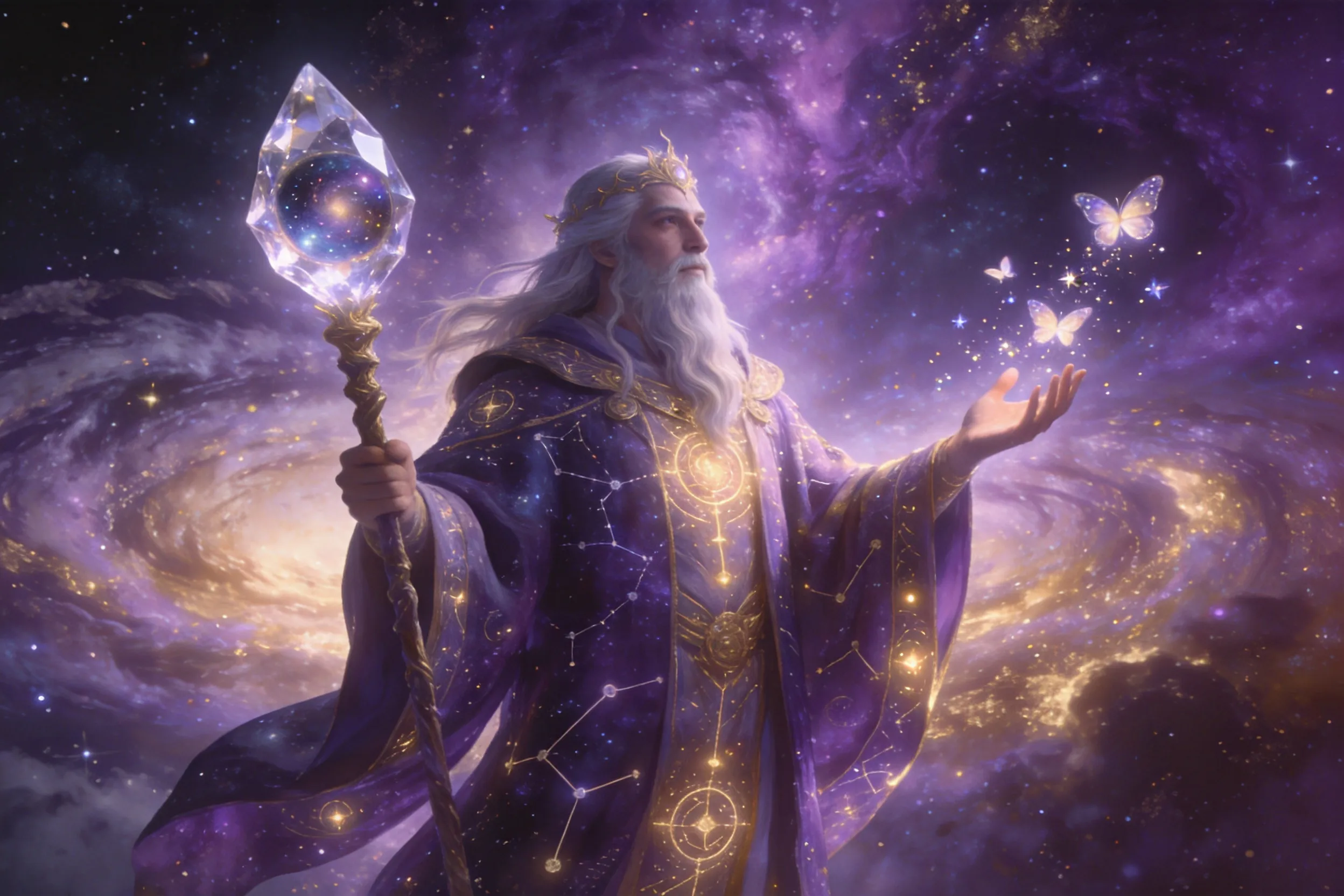 A majestic guardian of the astral realm, floating in a nebula of purple and gold, wearing robes woven with constellations and glowing celestial runes, one hand holding a crystalline staff with a miniature galaxy inside, the other hand releasing stardust butterflies. Ethereal, cinematic lighting, deep space background with swirling cosmic clouds, magical realism, hyper-detailed, 8K.