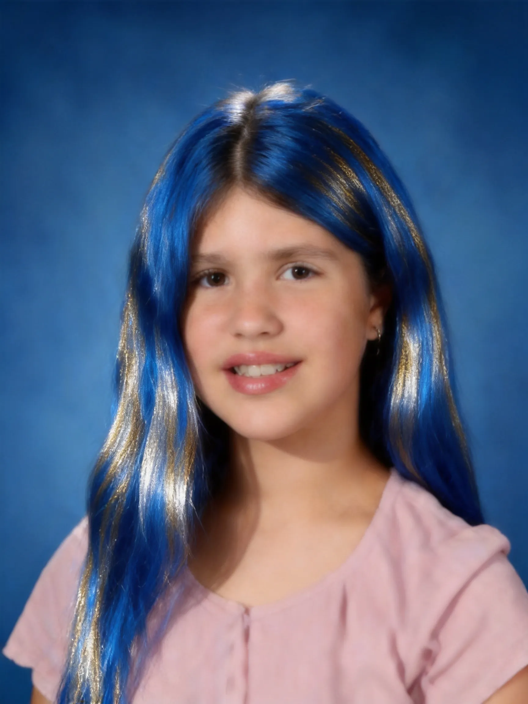 give me long blue hair with gold and silver highlights with wavy hair