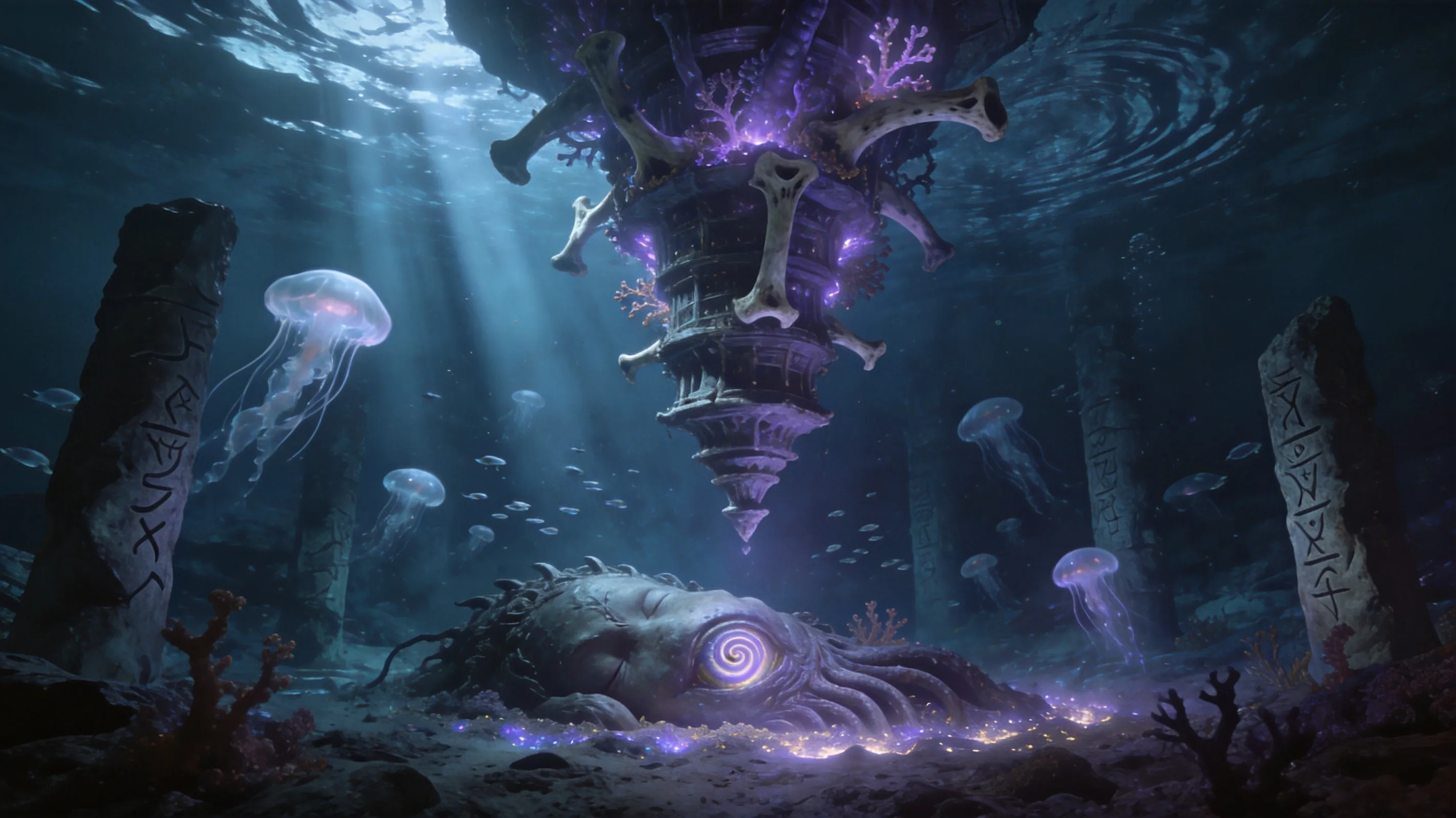An upside-down tower descending into the abyssal ocean floor, built from fossilized leviathan bones and coral that glows with eerie violet light. At its base rests a sleeping eldritch god with countless spiral-patterned eyes, half-buried in bioluminescent sediment. Deep-sea pressure ripples visible in the water column. Schools of translucent jellyfish drift past ancient rune-etched pillars. Dark fantasy, Lovecraftian atmosphere, volumetric light rays from above, hyperrealistic textures, underwater caustics, 8K.