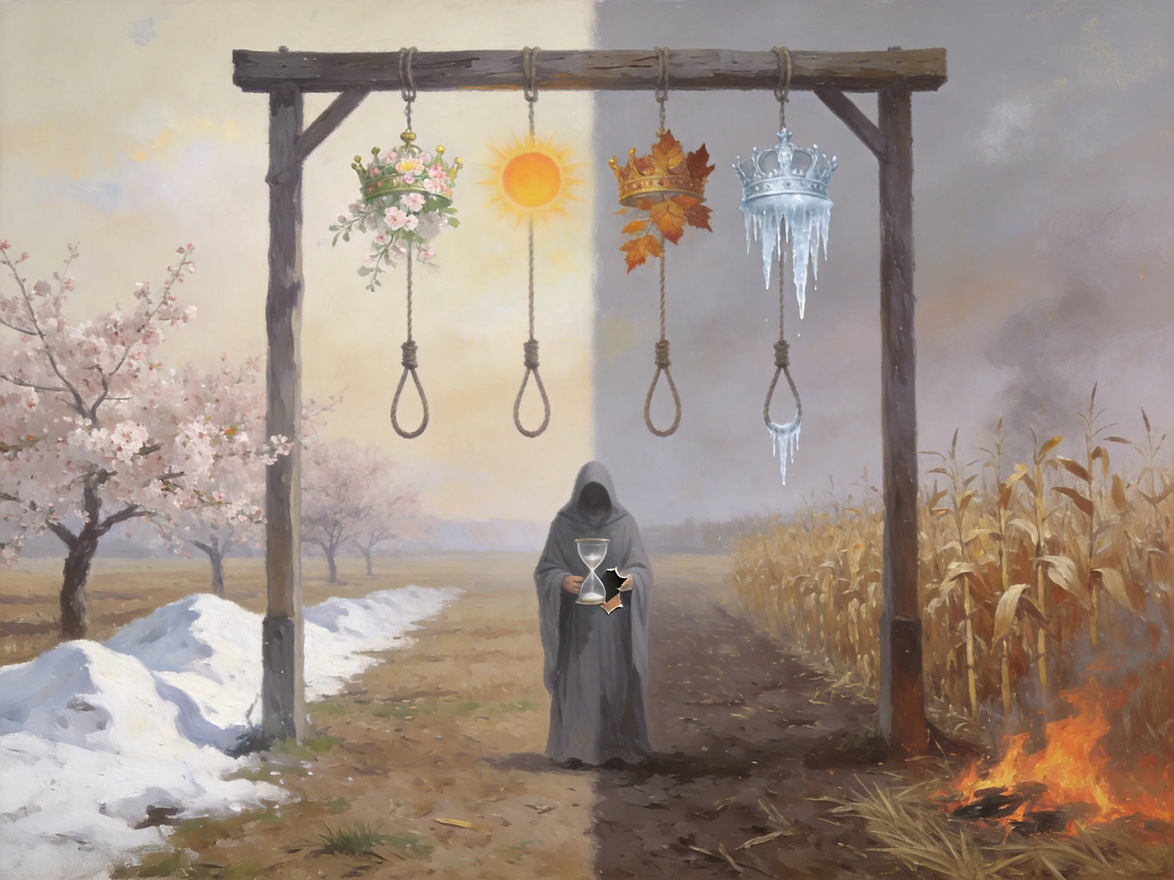 A surreal gallows standing alone in an empty field, where four nooses hang—each holding a crown representing a different season (spring blossoms, summer sun, autumn leaves, winter icicles). The surrounding landscape splits into four contradictory zones: blooming cherry trees next to snow drifts next to dried cornfields next to burning grass. A single cloaked figure in grey stands beneath, holding a broken hourglass. Magical realism, melancholic, dreamlike atmosphere, soft painterly style, muted earthy tones with isolated bright accents.