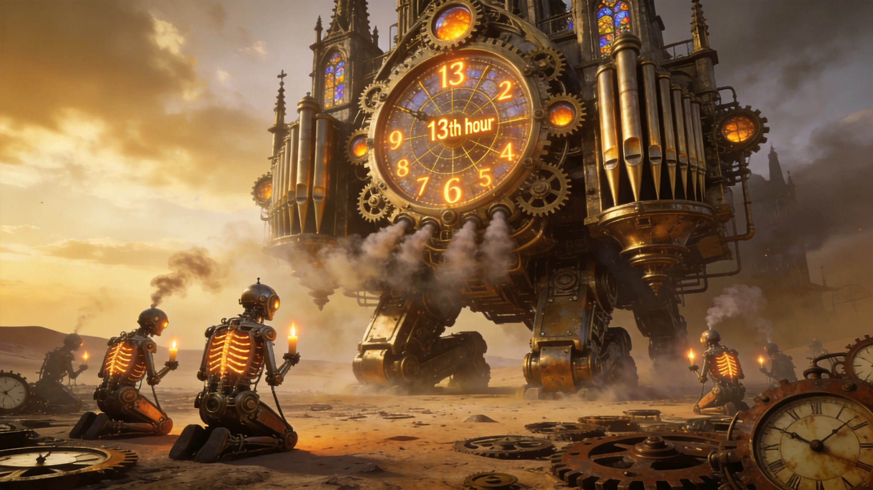 A colossal walking cathedral made of interlocking brass gears, stained glass eyes, and steam-belching pipe organs for lungs. It kneels in a desert of rusted clock parts, its "face" a massive astronomical clock showing impossible time (13th hour). Praying mechanical pilgrims—smaller clockwork figures with candle flames inside their ribcages—kneel around it. Golden hour lighting with steam and smoke, industrial fantasy, dieselpunk meets sacred architecture, intricate mechanical details, dramatic scale contrast.