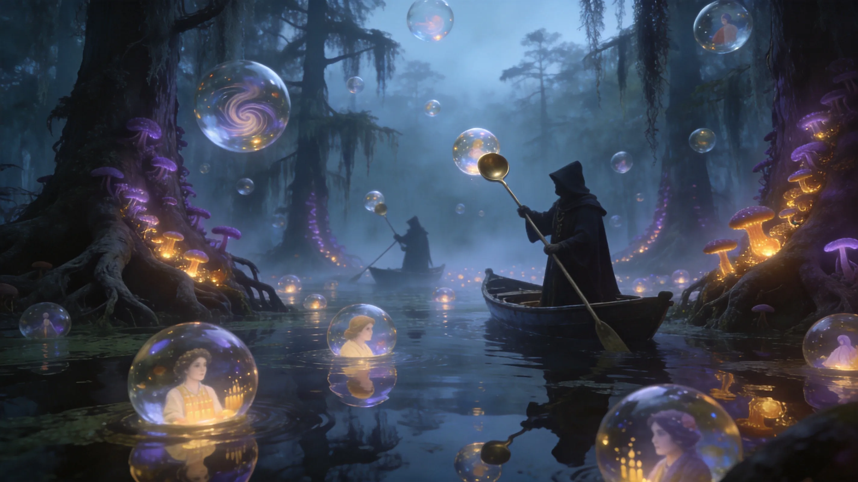 A misty swamp where hundreds of floating glass orbs bob among cypress trees, each orb containing a swirling scene of a different person's memory—a childhood birthday, a lost love, a forgotten promise. Shadowy hooded merchants paddle silent flatboats, using long brass ladles to pluck orbs from the air. The water reflects not the sky but the memories themselves, creating a kaleidoscope of disjointed images. Bioluminescent fungi in purple and amber line the gnarled roots. Whimsical gothic, eerie yet beautiful, cinematic wide shot, soft fog, glowing highlights, detailed reflections.