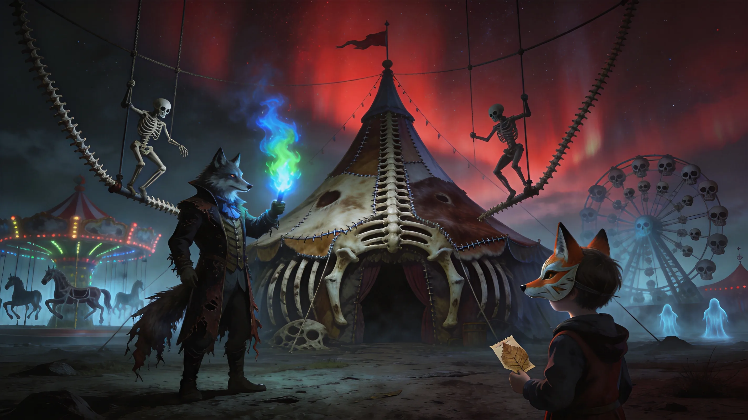 A traveling circus tent made of stitched-together giant animal hides and fossilized ribs, pitched in a wasteland under a blood-red aurora. Skeletal acrobats perform on trapezes made of spinal columns, while a wolf-headed ringmaster in tattered tails holds a flame that burns blue and green simultaneously. In the foreground, a single living child wearing a fox mask watches, holding a ticket made of dried leaf. Behind the tent, ghostly carnival rides spin silently—a carousel of hollow horses, a Ferris wheel of skulls. Dark carnival core, horror fantasy, dramatic chiaroscuro, rich desaturated colors with neon accent lights, high detail, unsettling but beautiful.