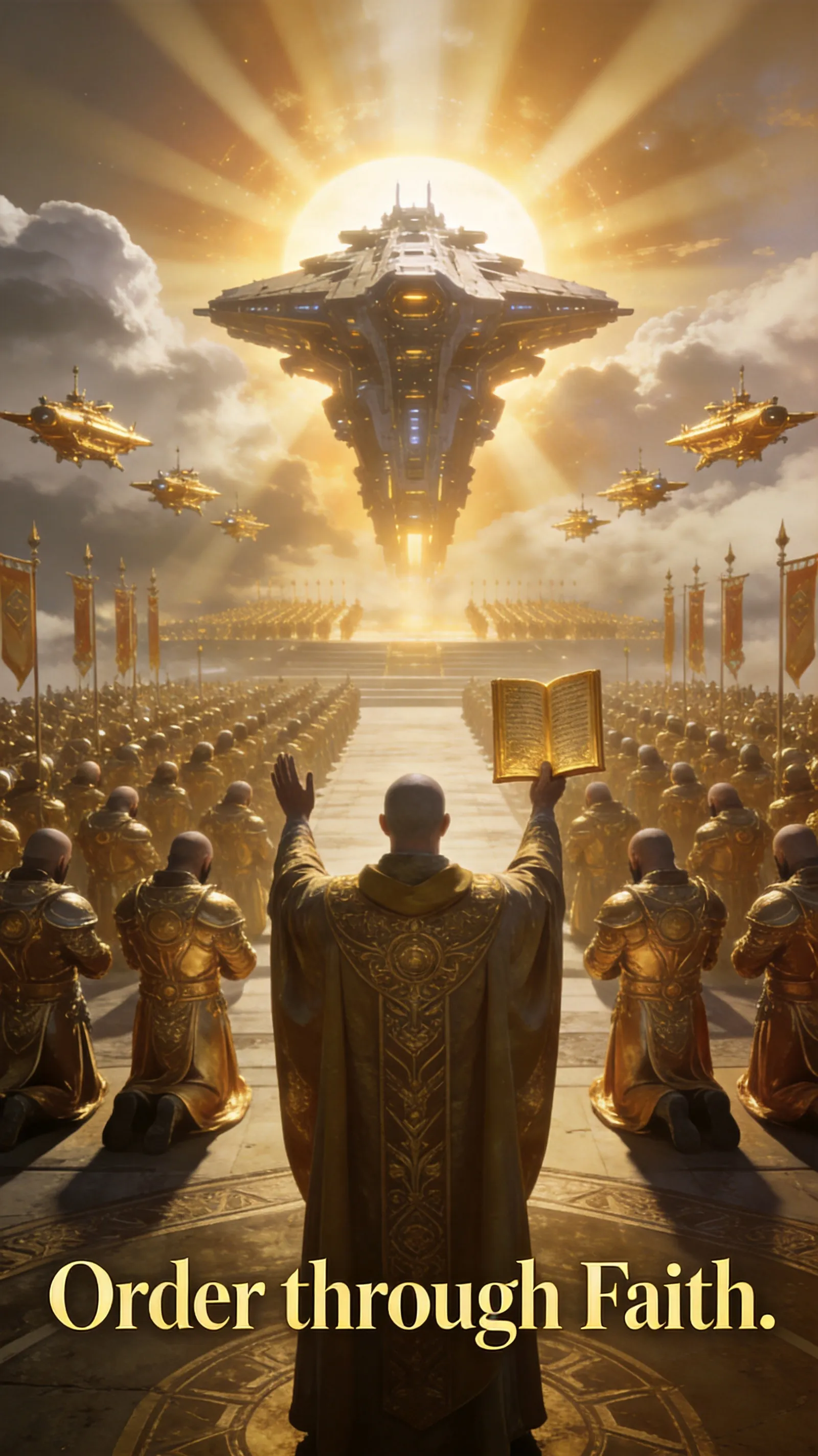 Vertical propaganda poster, EVE Online Amarr Empire, aspect ratio 9:16. Foreground: A robed Amarr priest holding a golden holy scripture, back turned to viewer, arms raised. Midground: Rows of kneeling Imperial soldiers in ornate golden armor, heads bowed. Background: A massive Apocalypse-class battleship emerging from a radiant sun, surrounded by smaller golden ships in ceremonial formation. Lighting is warm and divine, with god rays piercing through clouds. Text at bottom in elegant serif: 'Order through Faith.' EVE style, cinematic, ultra-detailed.