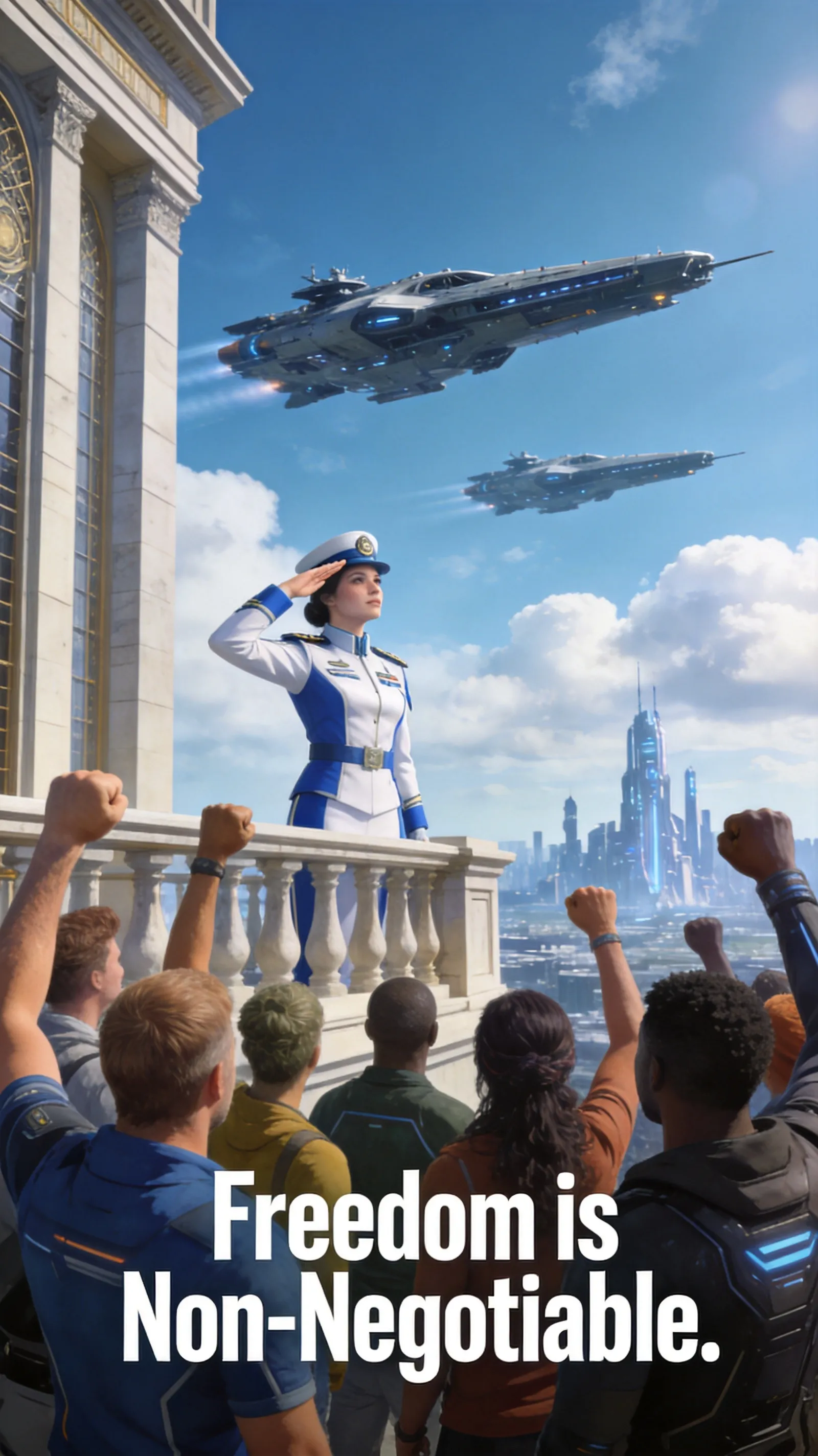 Vertical propaganda poster, EVE Online Gallente Federation, aspect ratio 9:16. Foreground: A diverse group of Gallente civilians – human, Intaki, Mannar – raising their fists in cheer, wearing casual futuristic clothing. Midground: A female Gallente naval officer in white-blue uniform, saluting toward the sky, standing on a balcony of the Parliament building. Background: Sleek Megathron-class battleships flying across a bright blue sky with fluffy clouds, and a distant arcology city skyline. Lighting is sunny and hopeful. Text at bottom in bold sans-serif: 'Freedom is Non-Negotiable.' EVE style, cinematic, ultra-detailed.