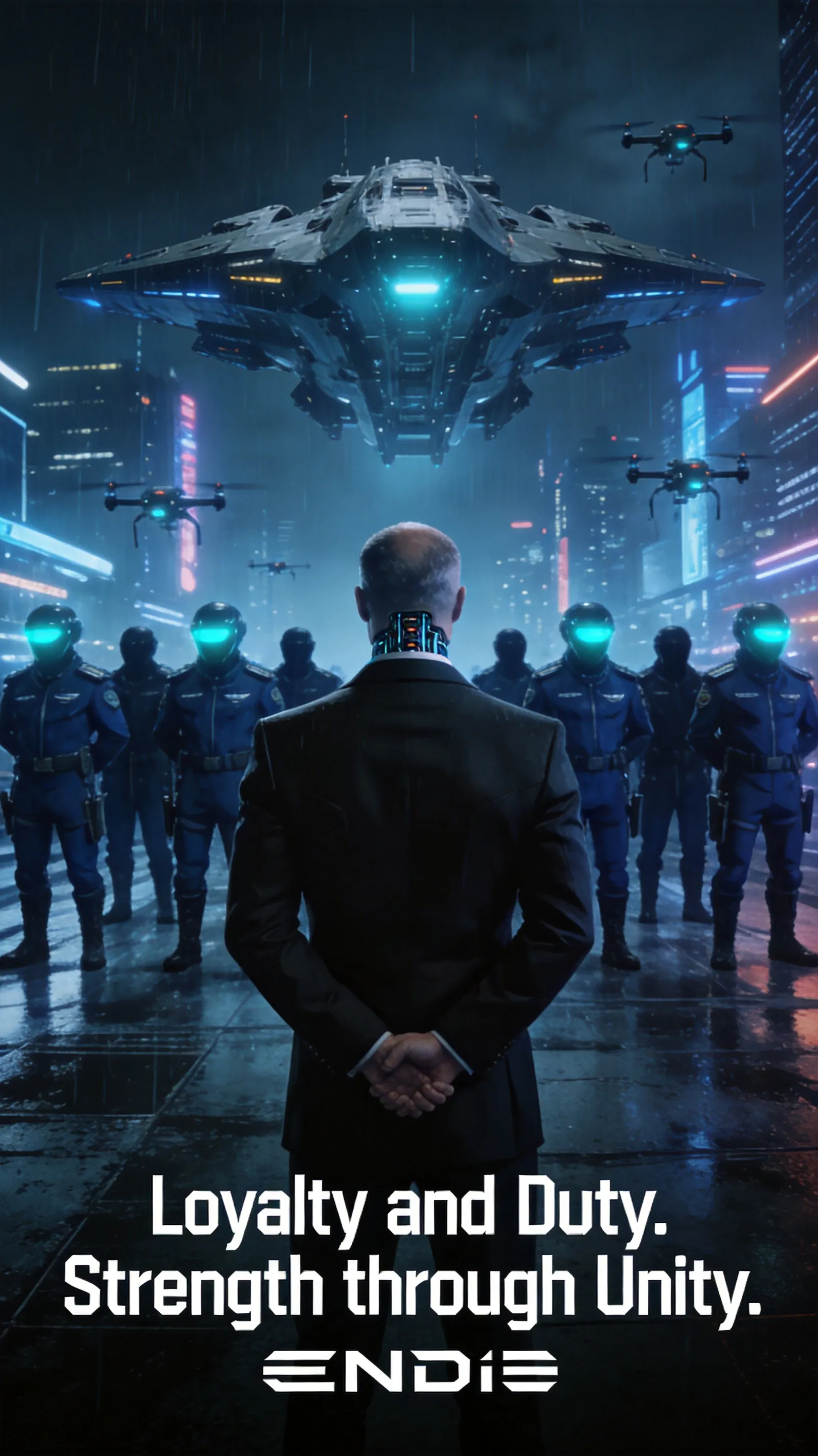 Vertical propaganda poster, EVE Online Caldari State, aspect ratio 9:16. Foreground: The back of a Caldari corporate executive in a sharp black suit, cybernetic implants visible on the neck, hands clasped behind back. Midground: A line of Caldari Navy pilots in dark blue uniforms standing at attention, their faces hidden by helmets with glowing cyan visors. Background: A massive Raven-class battleship hovering over a neon-lit, rain-slicked megacity at night, with automated drones patrolling the sky. Lighting is cold blue and deep black. Text at bottom in clean geometric font: 'Loyalty and Duty. Strength through Unity.' EVE style, cinematic, ultra-detailed.
