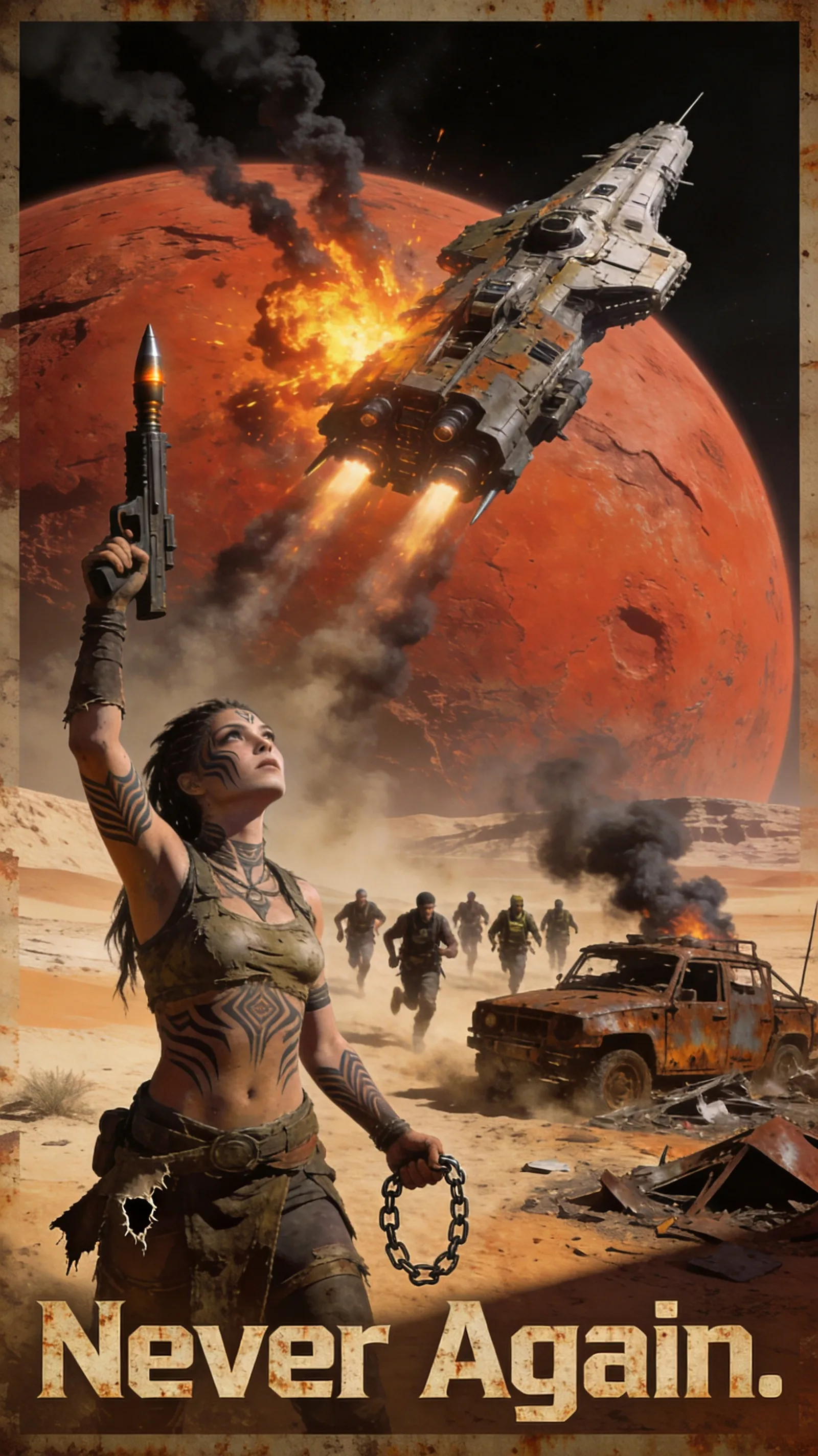 Vertical propaganda poster, EVE Online Minmatar Republic, aspect ratio 9:16. Foreground: A weathered Minmatar warrior woman with tribal tattoos, holding a projectile rifle in one hand and a torn chain-link shackle in the other, looking upward with defiance. Midground: A group of Matari rebels rushing across a dusty desert plateau, with rusted scrap-metal vehicles and smoking wreckage. Background: A patched-together Typhoon-class battleship lifting off from a red rocky planet, with explosion flames and dark smoke trailing behind. Lighting is harsh orange, rust, and black, with dramatic shadows. Text at bottom in stencil font: 'Never Again.' EVE style, cinematic, ultra-detailed.