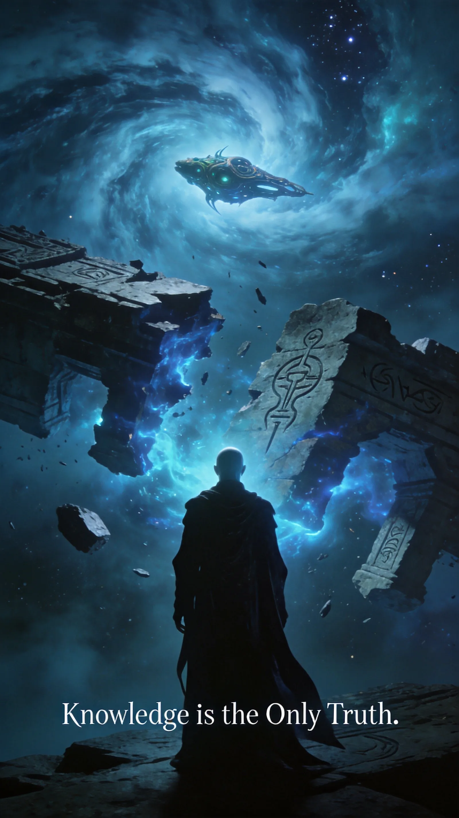 Vertical propaganda poster, EVE Online Jove Empire, aspect ratio 9:16. Foreground: The silhouette of a Jovian Elder – tall, pale-skinned, elongated features – facing away from viewer, wearing a flowing dark robe. Midground: Broken ancient Jovian structures floating in zero gravity, half-consumed by blue-glowing nebula gases, with strange alien symbols carved into stone. Background: A single organic-looking Jovian bioship drifting silently inside a massive swirling blue-white nebula, with faint distant stars. Lighting is eerie bioluminescent cyan and deep indigo, low contrast. Text at bottom in thin alien-like serif font: 'Knowledge is the Only Truth.' EVE style, cinematic, ultra-detailed.