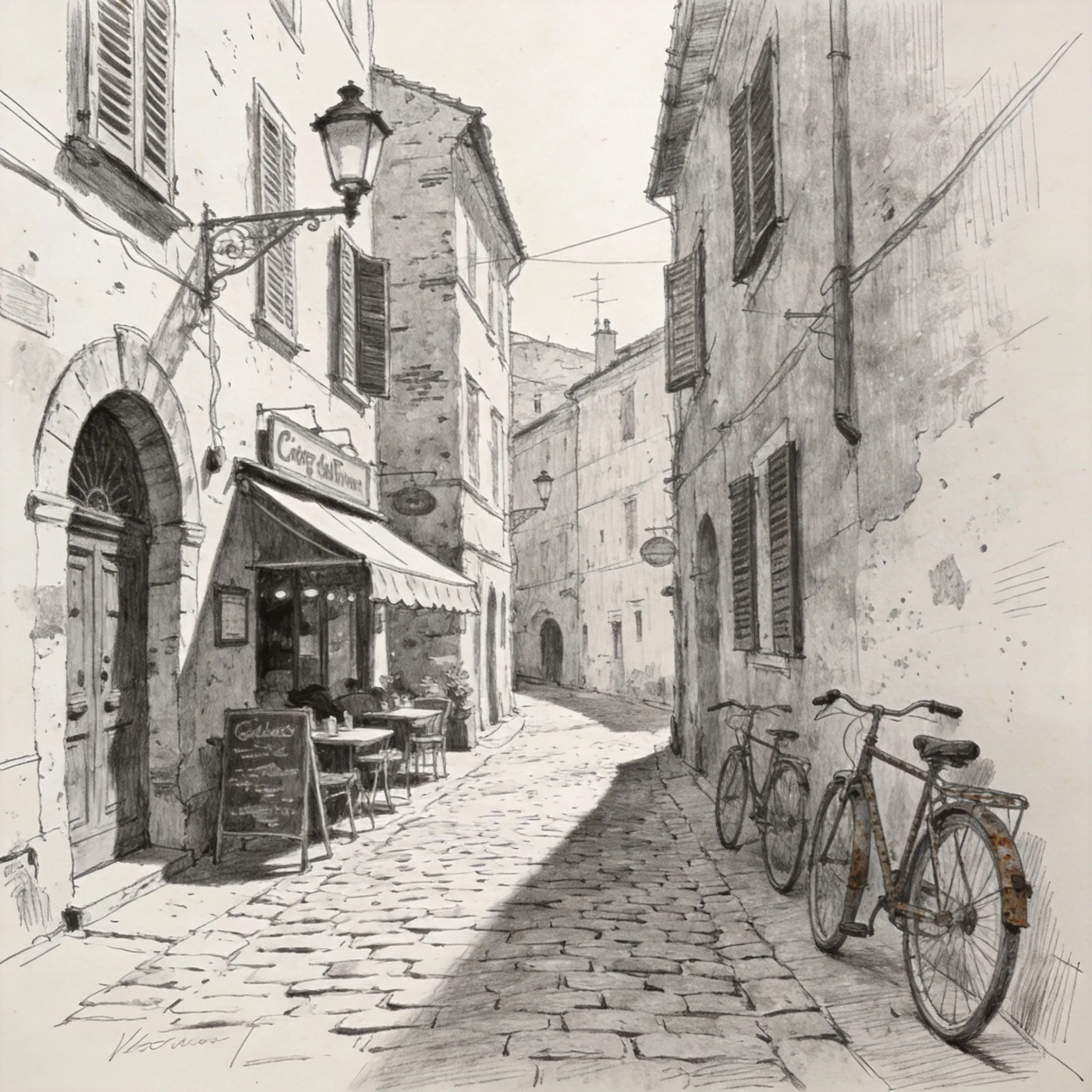 A nostalgic old town street illustrated in detailed pencil sketch style, vintage European architecture, narrow cobblestone roads, old street lamps, small cafes and bicycles, hand-drawn graphite texture, realistic shading and cross-hatching, architectural perspective drawing, soft monochrome tones, sketchbook aesthetic, visible pencil strokes, artistic urban atmosphere, highly detailed linework, classic handmade illustration style, Recraft vector illustration quality