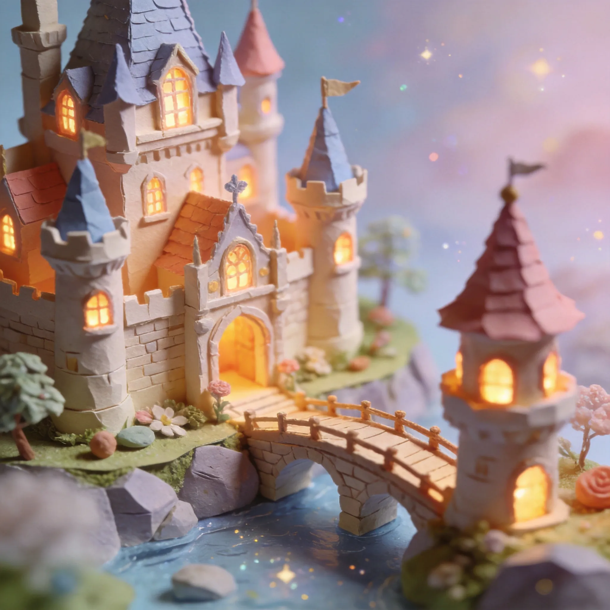 A handcrafted miniature fairy tale castle, dreamy fantasy atmosphere, tiny handmade textures, paper-craft and clay model aesthetic, glowing warm windows, whimsical towers and bridges, soft pastel color palette, cinematic magical lighting, diorama-style composition, highly detailed handcrafted appearance, artistic toy-like environment, realistic miniature materials, charming fantasy illustration, Recraft-style clean artistic rendering