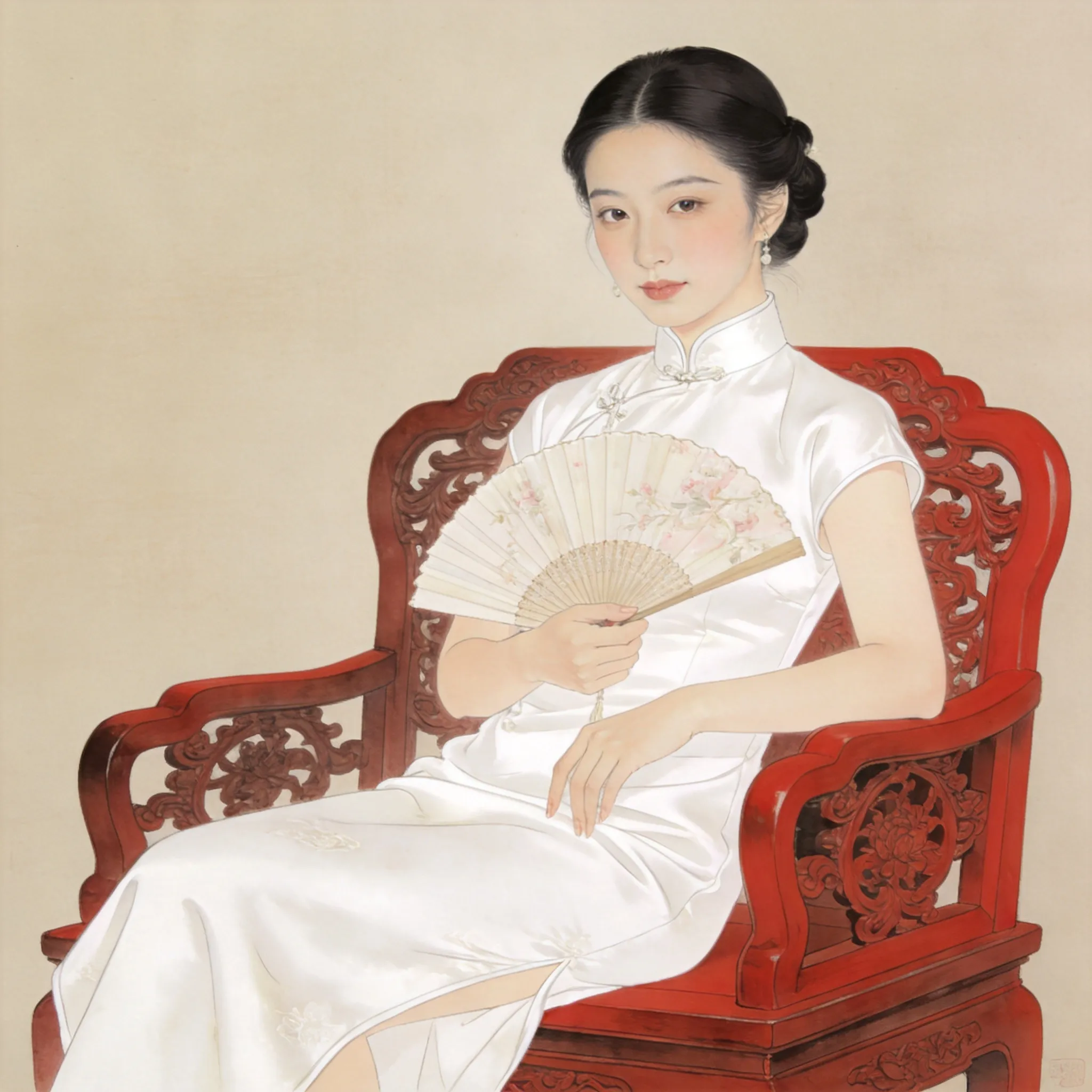 An elegant Asian girl wearing a white qipao, sitting gracefully on a carved redwood chair while holding a delicate paper fan, calm and refined expression, soft natural lighting, fine realistic illustration style, cinematic composition, highly detailed silk fabric textures, traditional Chinese aesthetics, warm neutral tones, realistic facial features, luxury portrait illustration, artistic editorial style, Recraft premium illustration aesthetic