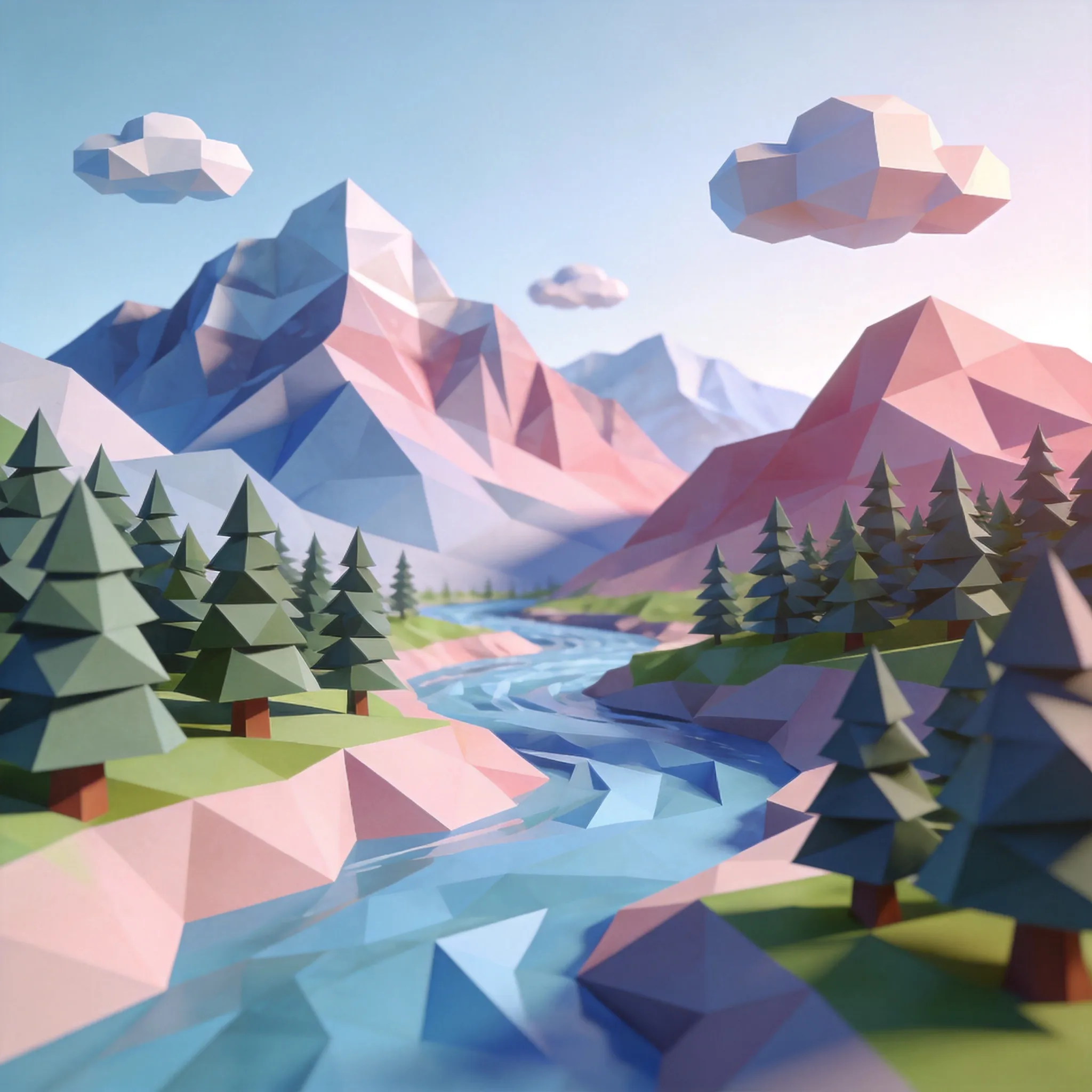A serene low-poly natural landscape with layered mountains, flowing rivers, pine forests, and floating clouds, geometric polygon design, clean angular shapes, minimalist environmental composition, pastel color palette, stylized 3D illustration aesthetic, soft lighting and shadows, modern game-art atmosphere, highly detailed low-poly rendering, peaceful fantasy scenery, Recraft-style clean vector rendering