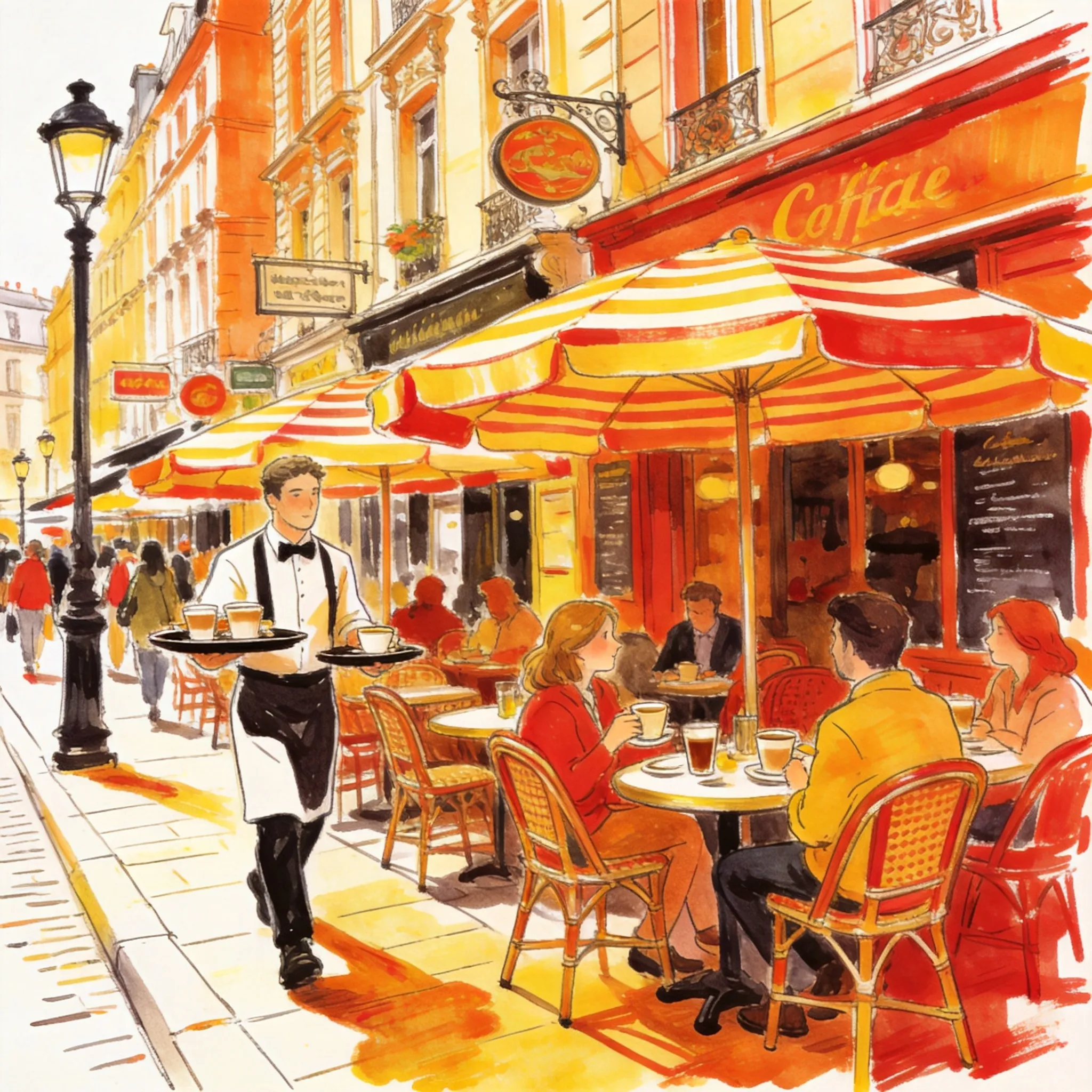 A colorful marker illustration of a bustling city cafe scene, people chatting and drinking coffee, outdoor tables under umbrellas, vibrant urban atmosphere, visible alcohol marker textures, sketchbook rendering style, expressive hand-drawn linework, warm and cheerful color palette, artistic lifestyle illustration, dynamic composition, realistic perspective, detailed architectural background, Recraft-style polished illustration aesthetic