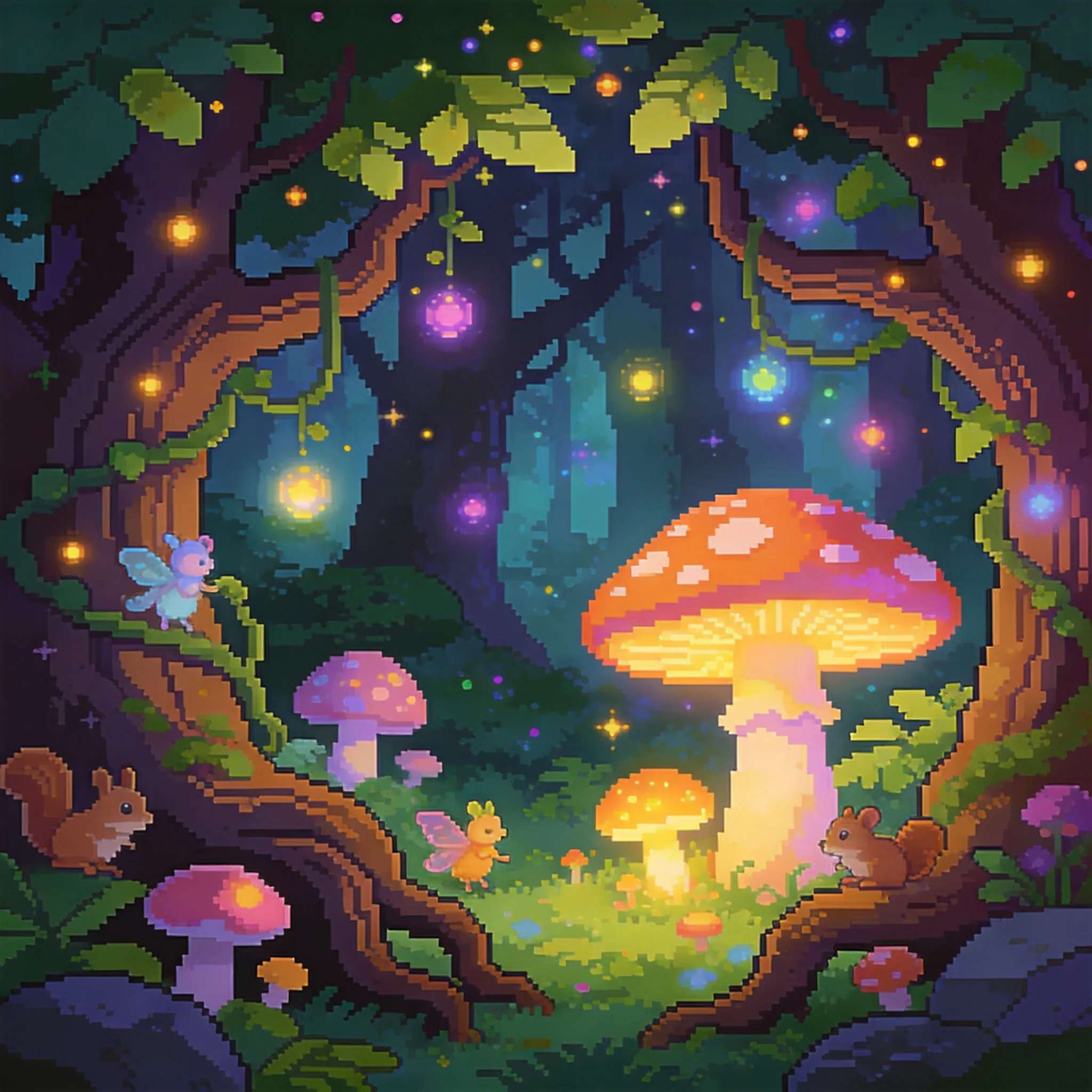 A magical fairy tale forest rendered in charming pixel art style, glowing mushrooms, enchanted trees, floating magical lights, tiny fantasy creatures hidden among the foliage, retro RPG atmosphere, colorful pixel palette, nostalgic 16-bit game aesthetic, detailed sprite environment, whimsical fantasy mood, highly detailed pixel composition, Recraft-inspired clean pixel illustration