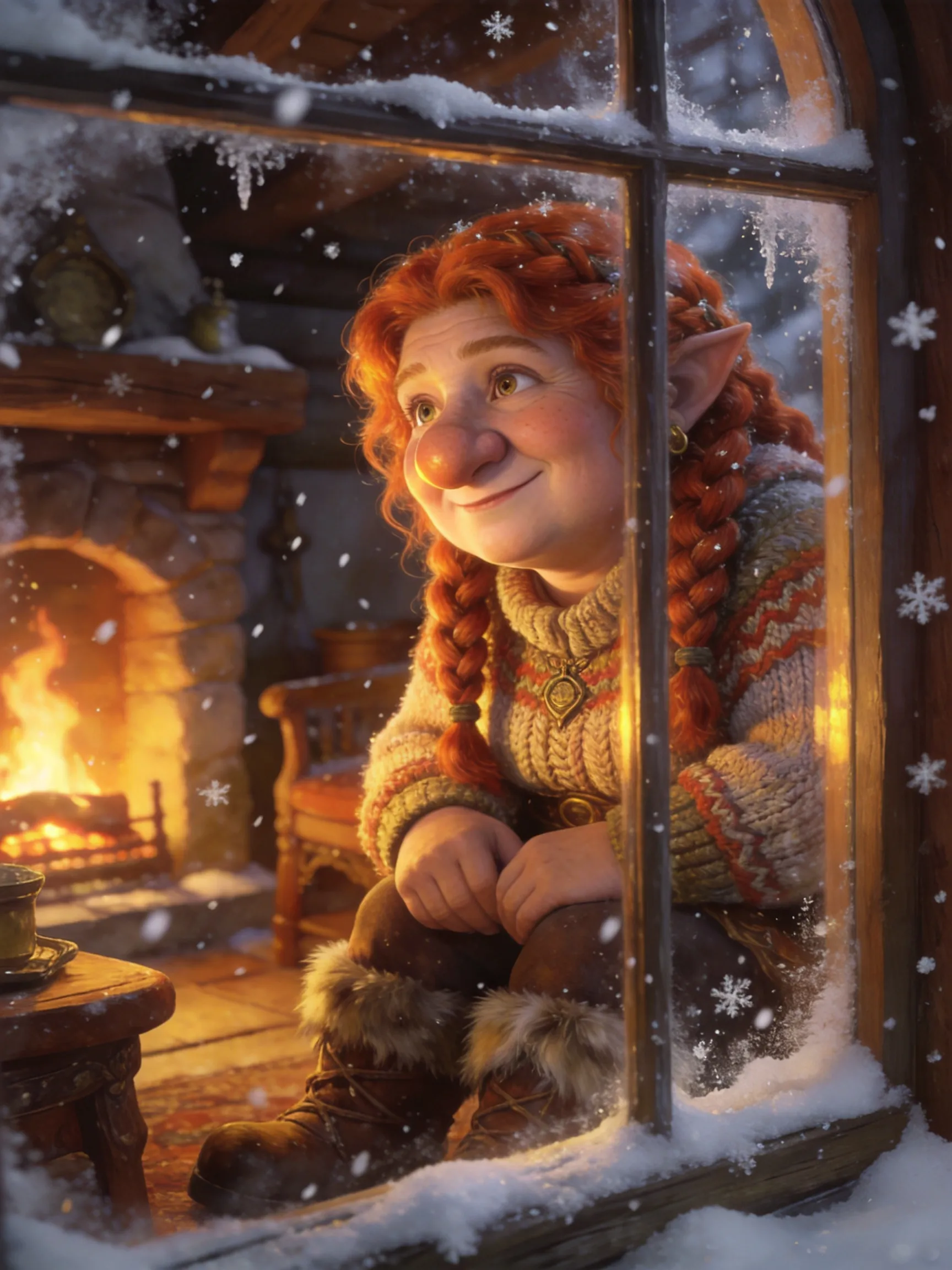 [A cute hearty chubby dwarven woman] at her home looking through the window in a snow day,[highly detailed face],[complex redhead braided hair],[large nose],realistic,beautiful,fantasy art,dungeons and dragons,lord of the rings,in the style of Thomas Kinkade and Wojciech Siudmak,illustration,very cozy,fantasy,intricate,hyper detailed,artstation,concept art,smooth,sharp focus,ray tracing,vibrant,golden hour