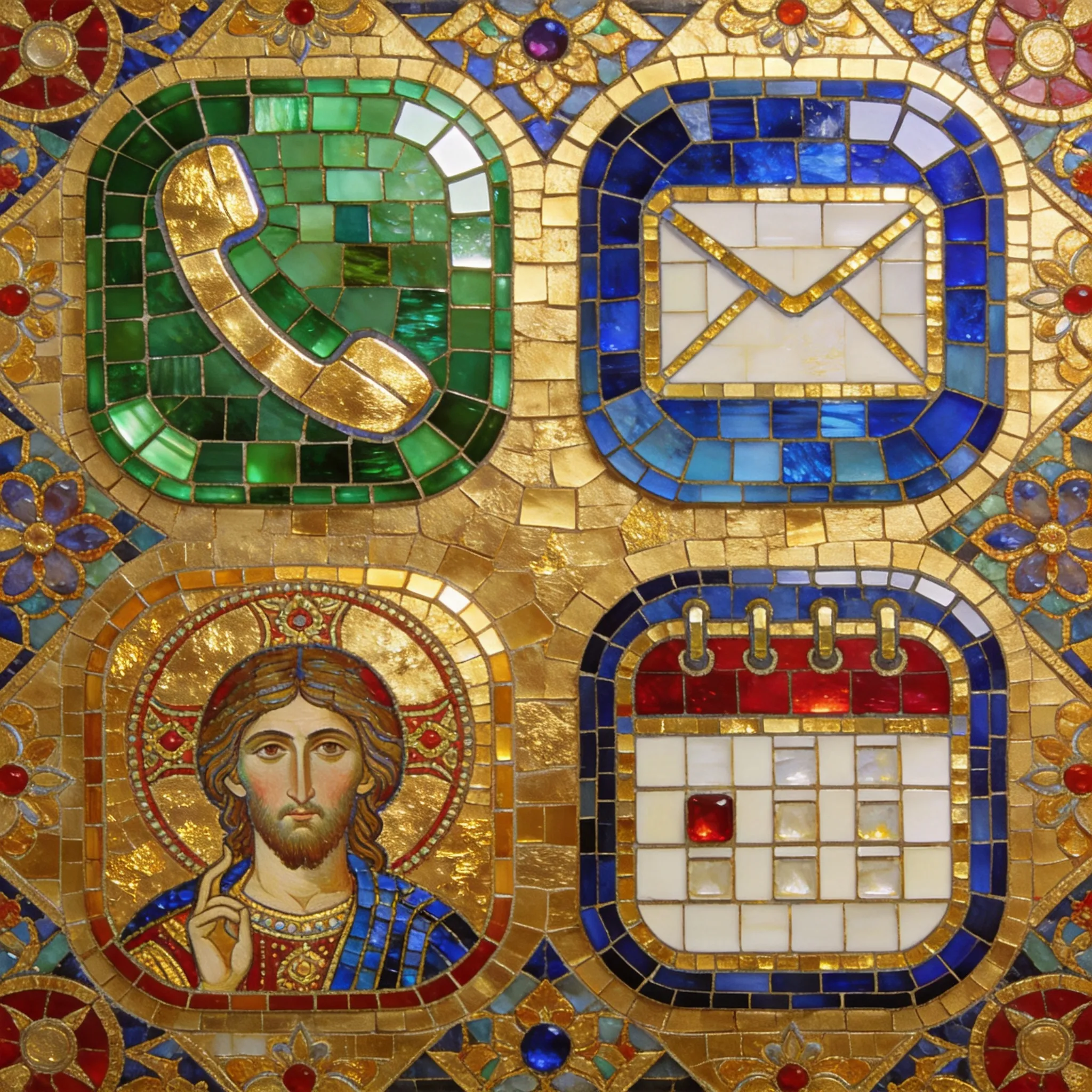 Byzantine mosaic style tech icons, gold and jewel tones, app symbols in ancient mosaic art style, ornate borders, rich colors, religious icon painting technique