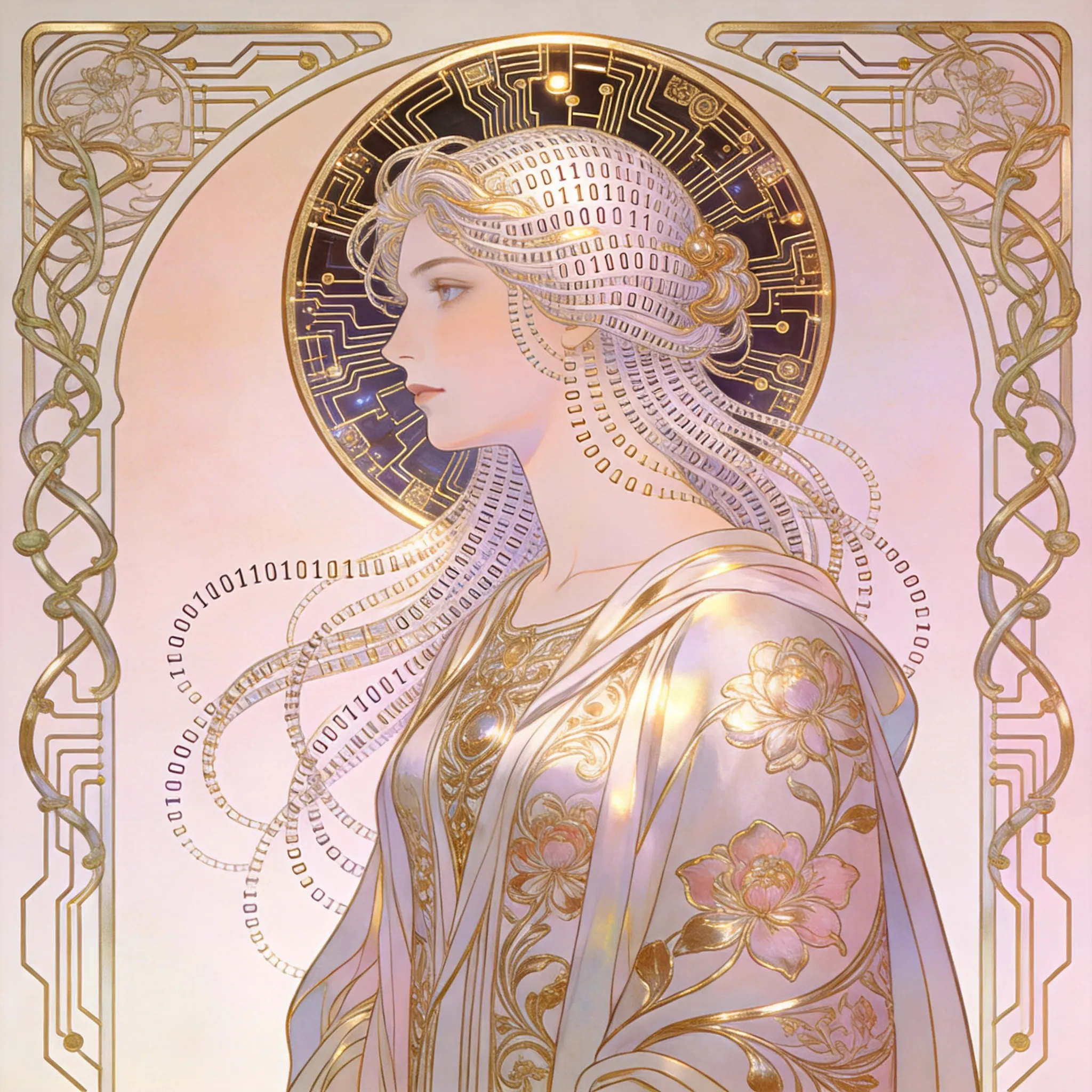 Art Nouveau style personification of Data, in the manner of Alphonse Mucha, flowing hair made of binary code, ornate circular halo of circuit patterns, pastel colors with metallic gold accents, intricate border design