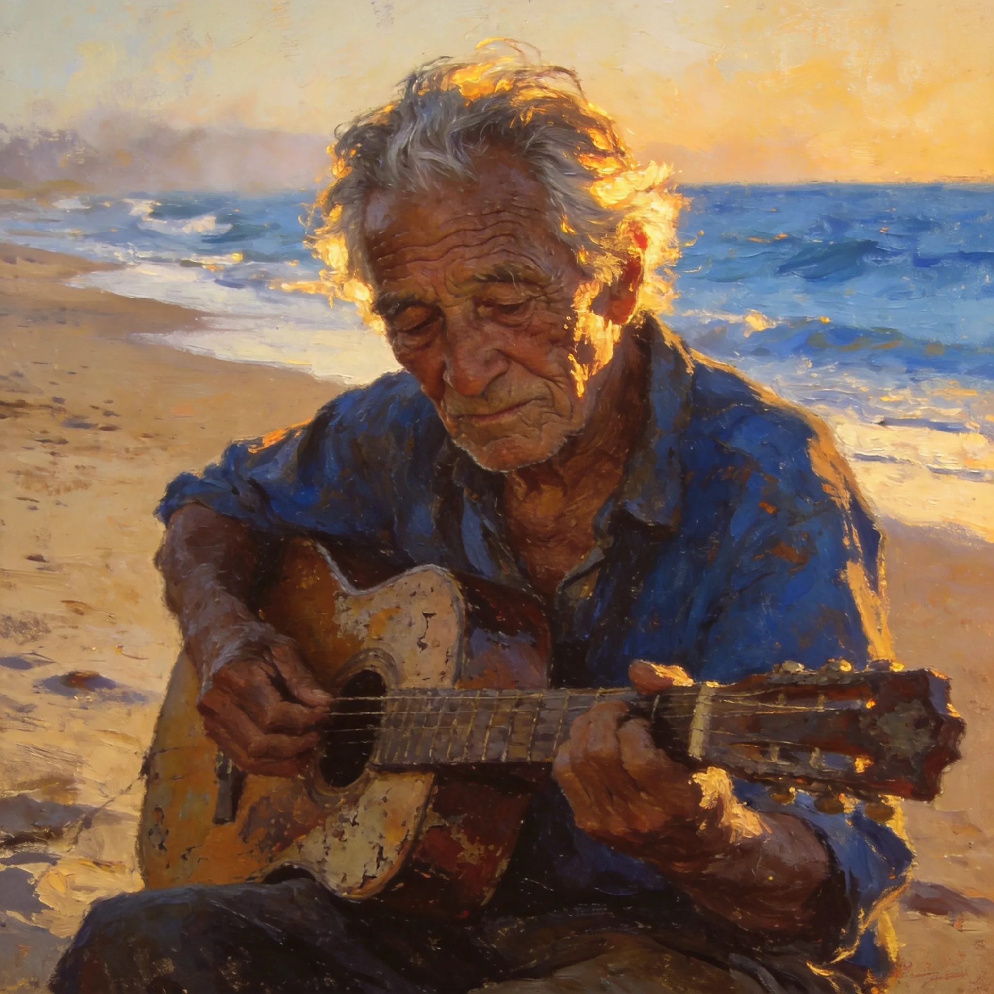 Textured oil painting of an elderly musician playing guitar on a beach at golden hour, weathered face showing years of stories, salt-and-pepper hair catching sunset light, loose brushwork for the casual beach setting, warm color palette with touches of ocean blues