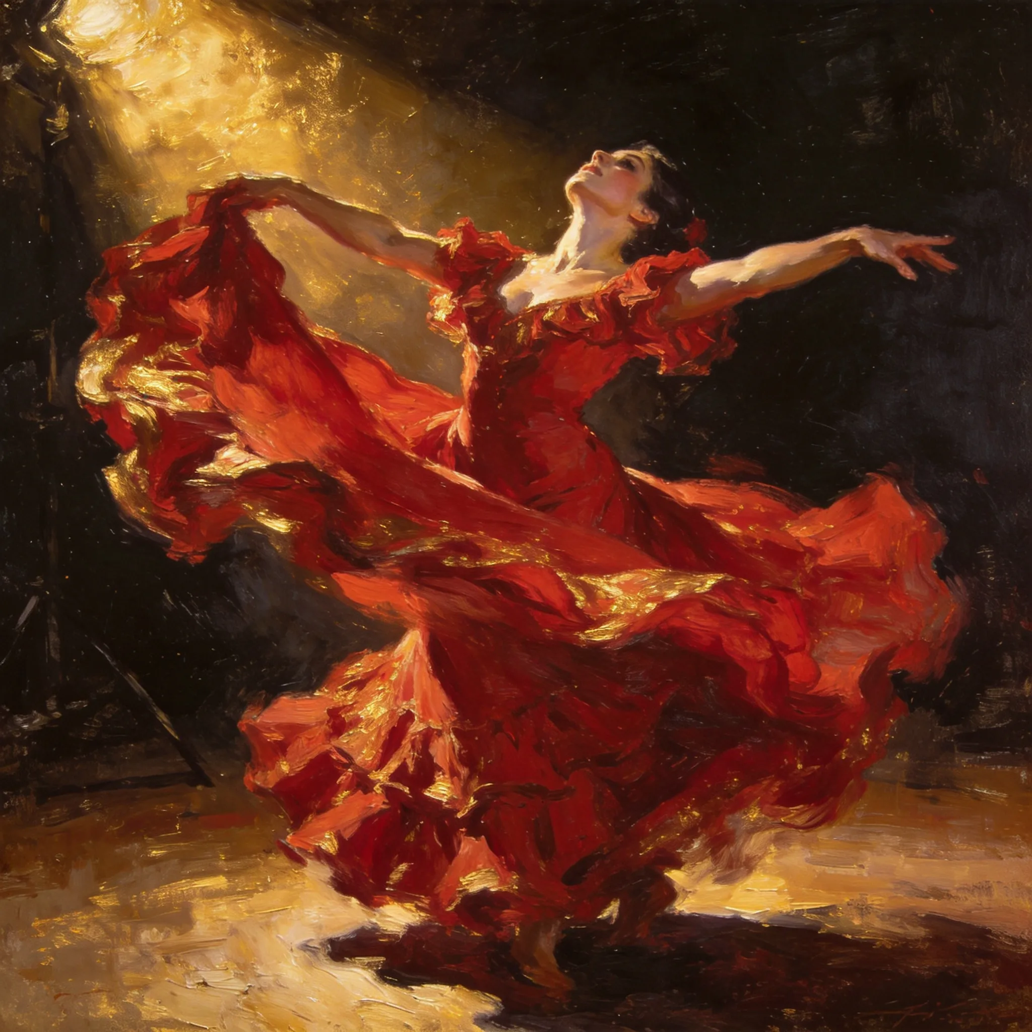 Dynamic oil painting of a flamenco dancer mid-twirl, red dress fabric flowing with movement, dramatic studio lighting emphasizing form and motion, thick impasto technique for the dress texture, dark background with warm spotlight, inspired by John Singer Sargent's portrait style
