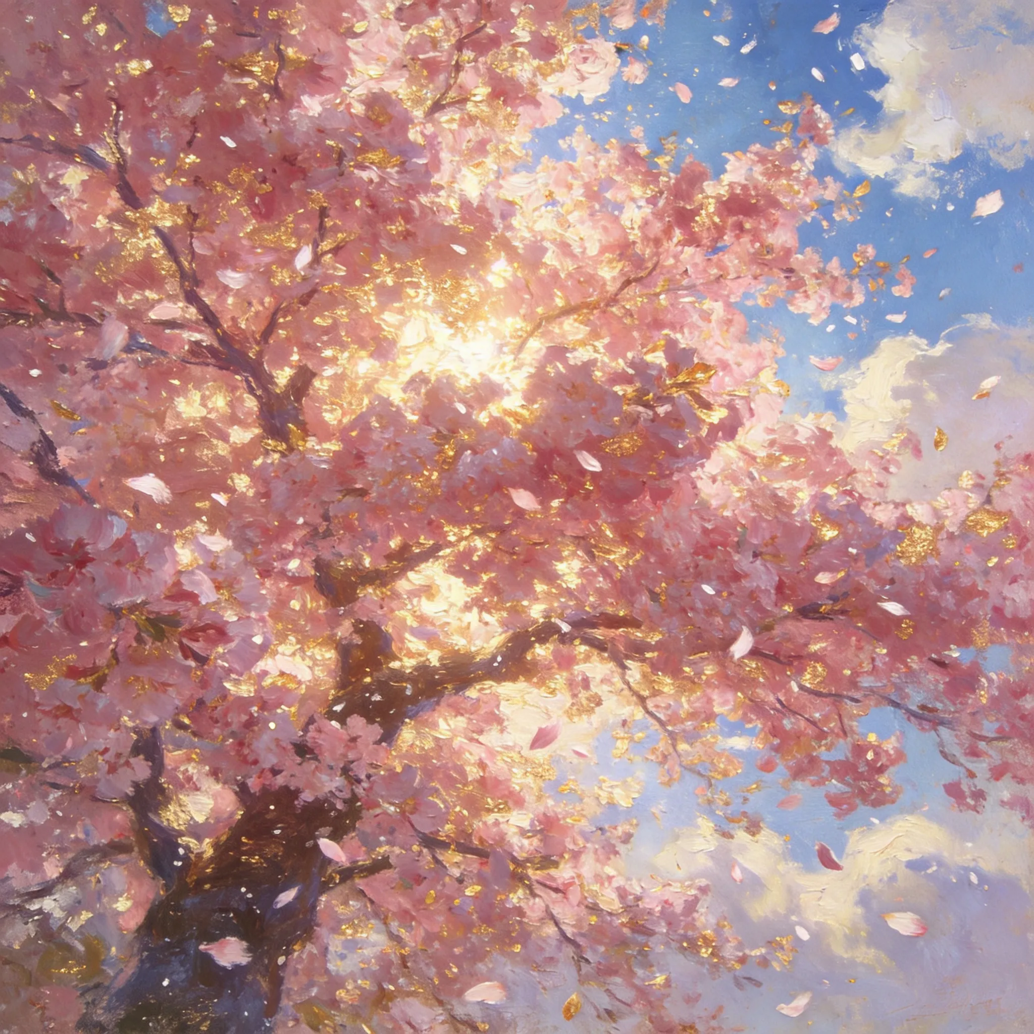 Impressionistic oil painting of a massive cherry blossom tree in full bloom, pink petals catching sunlight and falling like snow