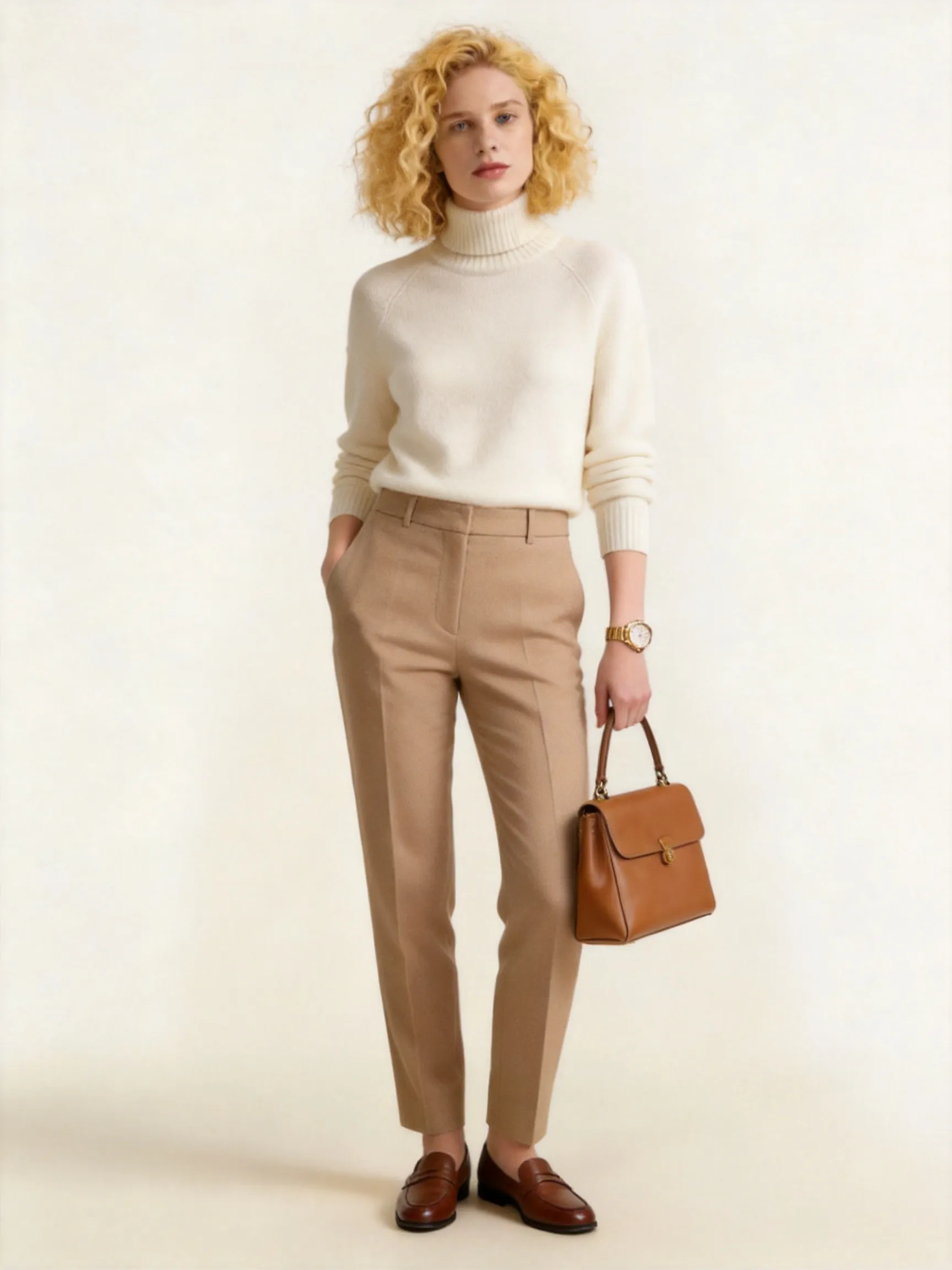 Full-body fashion photo of the identical female model, keeping same face, hair, body, and pose. She wears the cream-colored cashmere turtleneck sweater and tailored beige wool trousers, paired with brown leather loafers and the tan leather handbag, with the gold luxury watch on her wrist. Soft cinematic lighting, old money aesthetic on clean ivory-beige background.