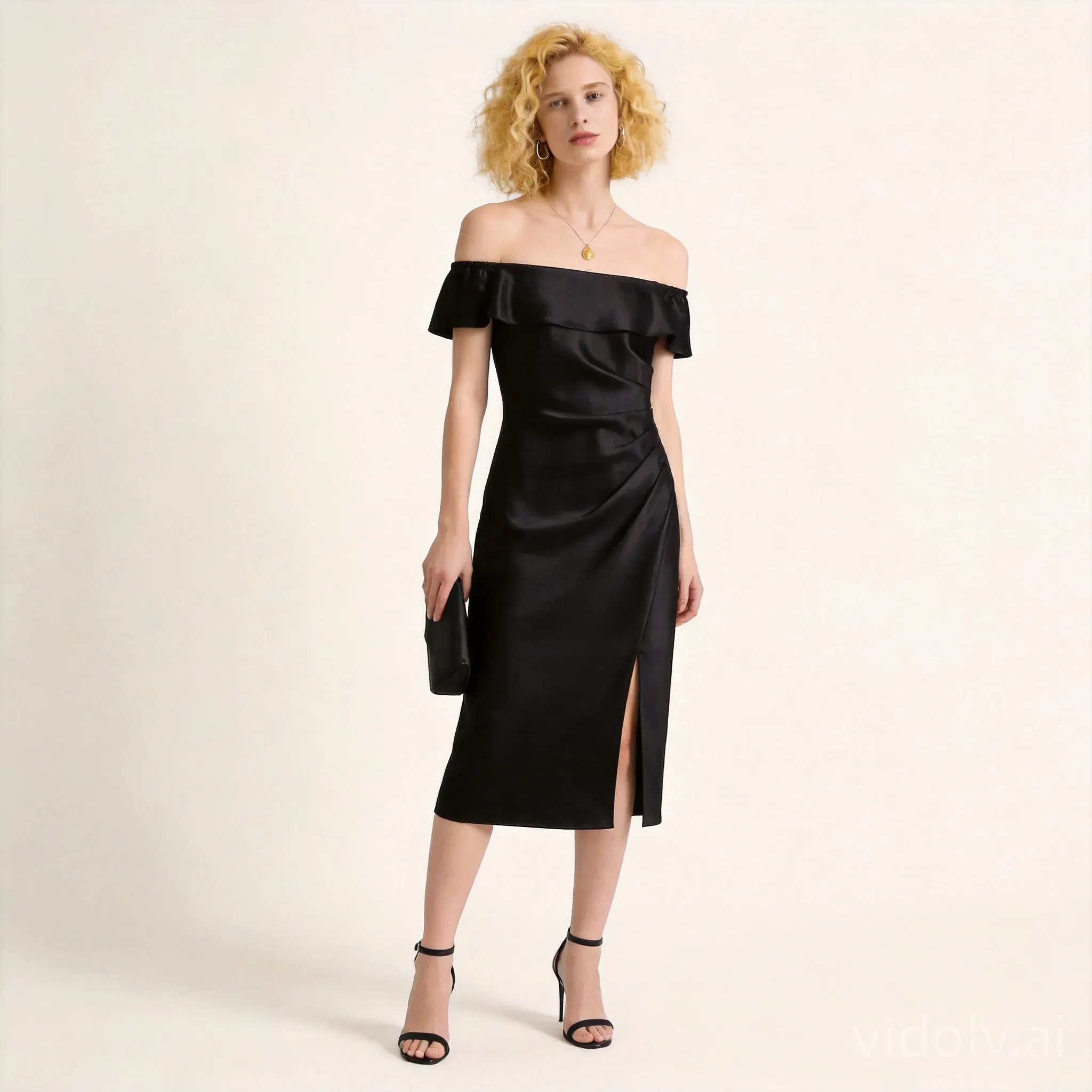 Full-body fashion photo of the identical female model (from image_1.png), keeping same face, hair, body, and pose. She wears the off-the-shoulder black satin midi dress with side slit, paired with the black high-heel sandals, delicate gold pendant necklace, and hoop earrings, holding the minimalist black clutch bag. Realistic fabric folds, natural lighting, high fashion photography on clean ivory-beige background.