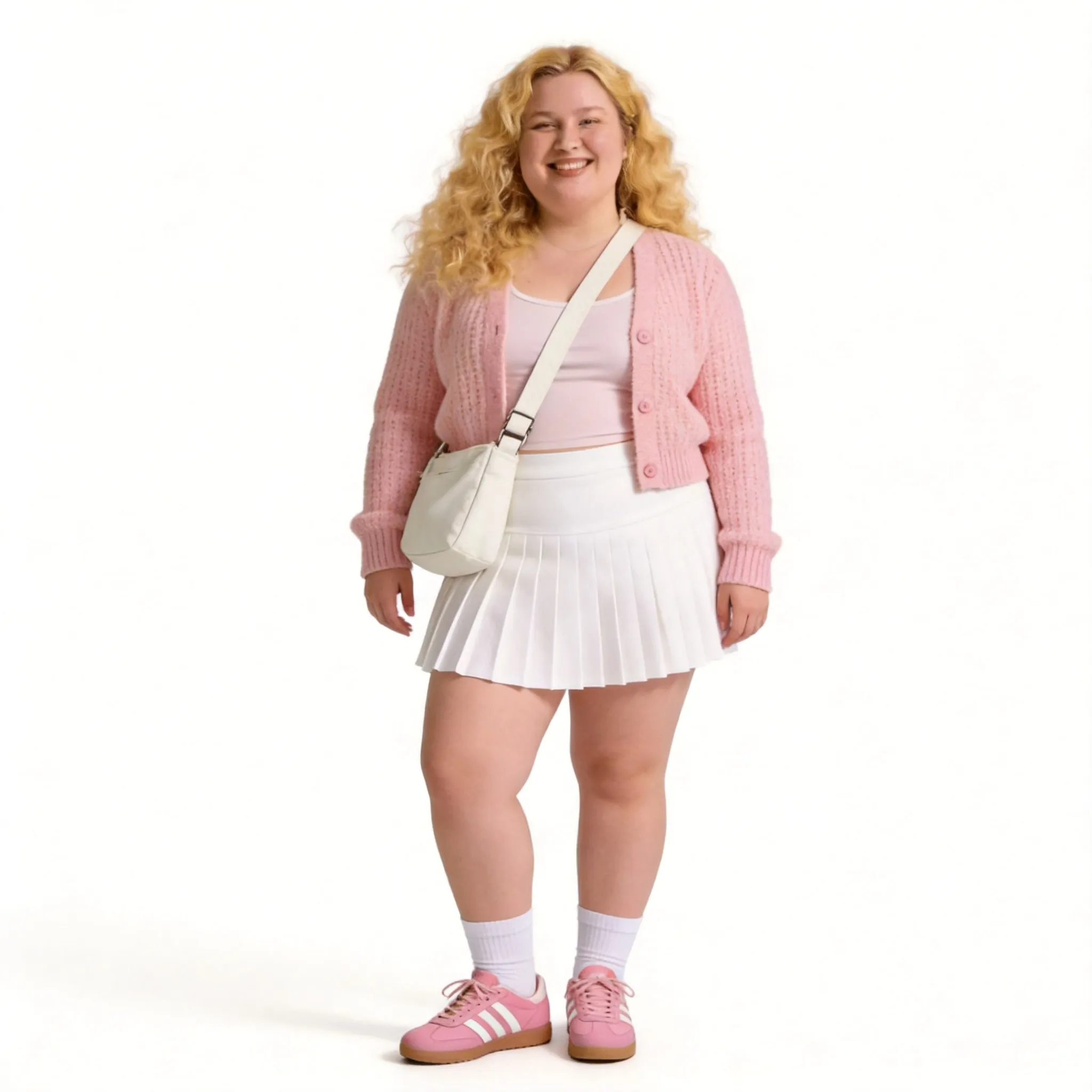 Full-body fashion photo of the identical female model, keeping same face, hair, body, and pose. She wears the pastel pink knit cardigan over a light camisole and the white pleated tennis skirt, paired with white crew socks, pink pastel sneakers, and the white canvas crossbody bag. Sweet and cute aesthetic on clean white background, bright playful lighting.