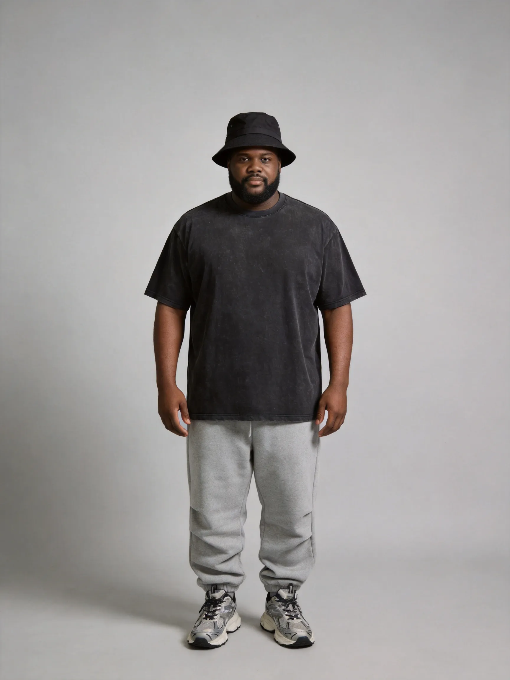 Full-body fashion photo of the identical female model, keeping same face, hair, body proportions, and pose. Men's style outfit worn as oversized unisex style: she wears an oversized drop-shoulder washed black t-shirt and grey stacked sweatpants, showing a baggy streetwear silhouette. Paired with chunky designer retro sneakers and a black bucket hat. Realistic heavy fabric drapes, studio lighting, shot on a clean solid neutral grey background.